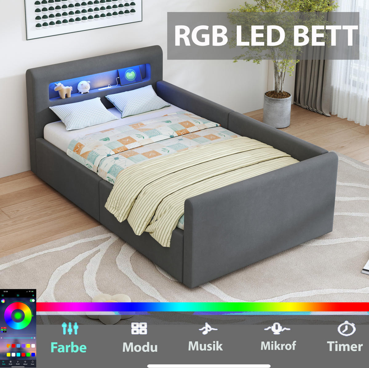 KINDERBETT 90/200 cm Dunkelgrau aus Samtstoff mit Stauraum und LED-Beleuchtung - Grau, Textil (90/200cm) - OKMYHOME