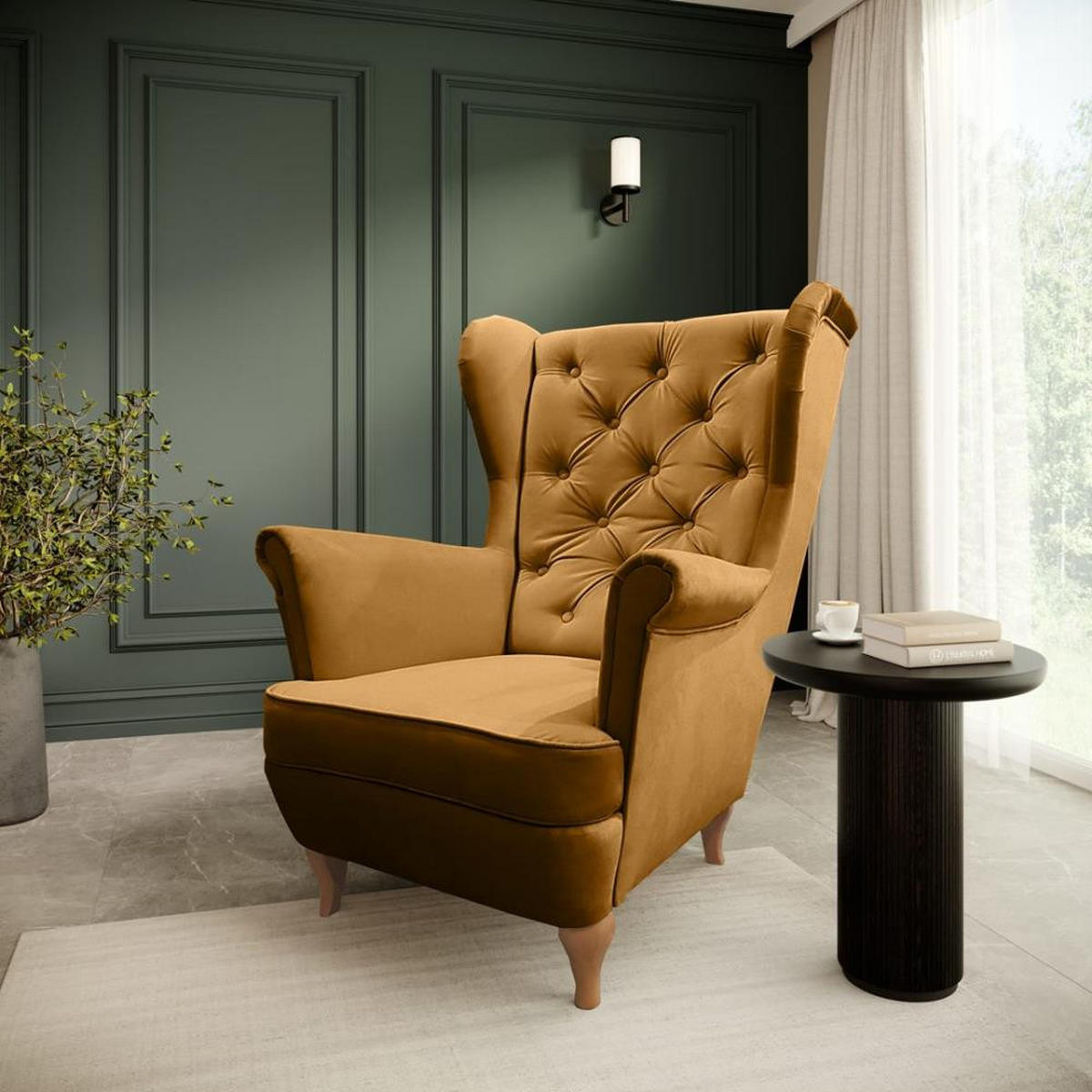 CHESTERFIELD-SESSEL Falco gelb mit Holzbeinen - Gelb/Buchefarben, Holz/Textil (82/102/92cm) - Beautysofa