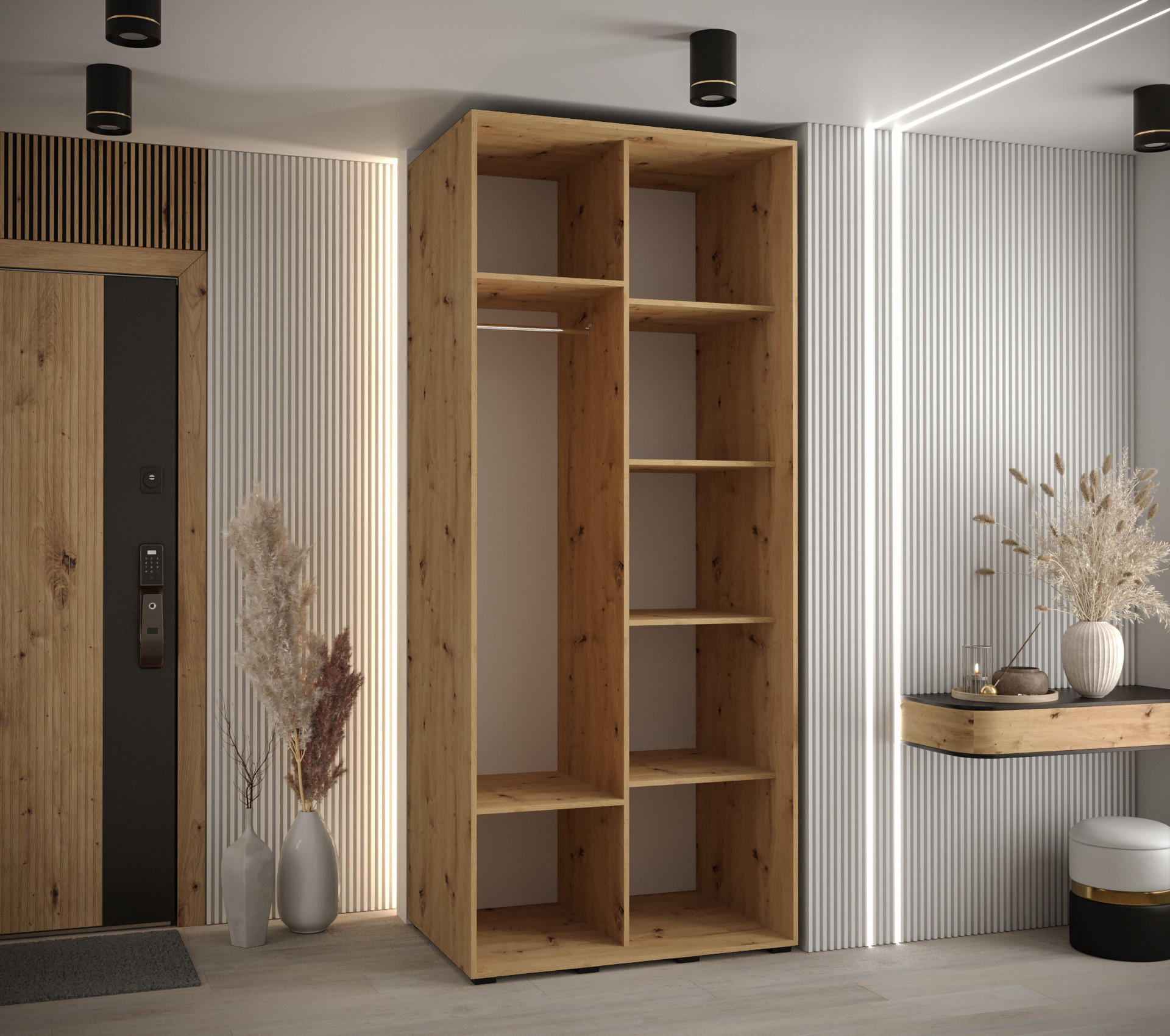 Thumbnail - Abiks Möbel Schwebetürenschrank, Eiche Artisan, Weiß, Silber, Metall, Nachbildung, 6 Fächer, 110x235x60 cm, Schlafzimmer...