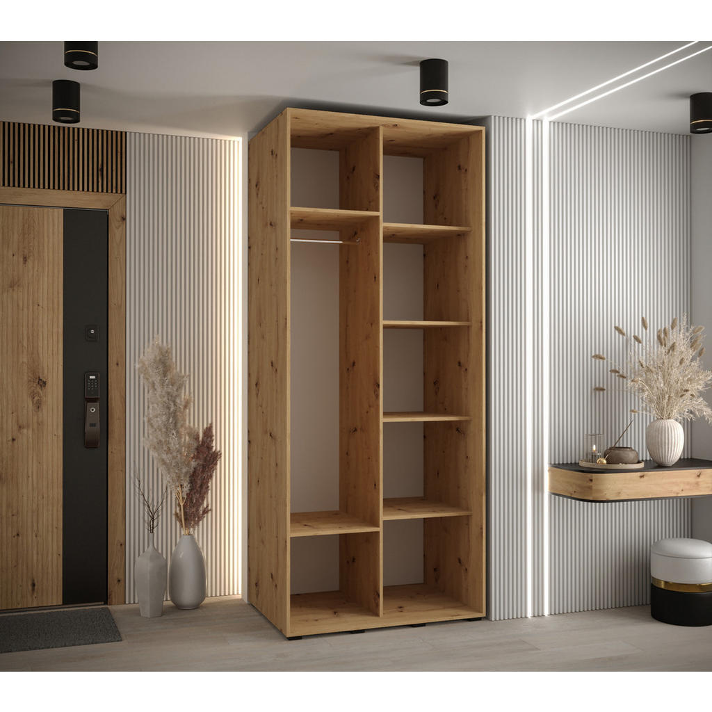 Thumbnail - Abiks Möbel Schwebetürenschrank, Eiche Artisan, Eiche Artisan, Schwarz, Metall, Nachbildung, 6 Fächer, 120x235x60 cm, Sc...