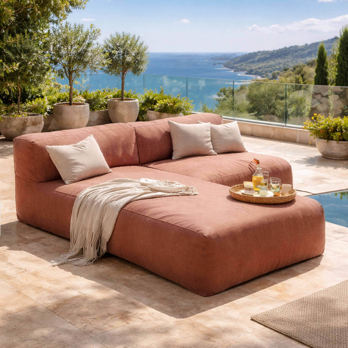 GARTENSOFA mit 2 Sitzplätzen, Terrakotta - Pink, Textil - Oviala