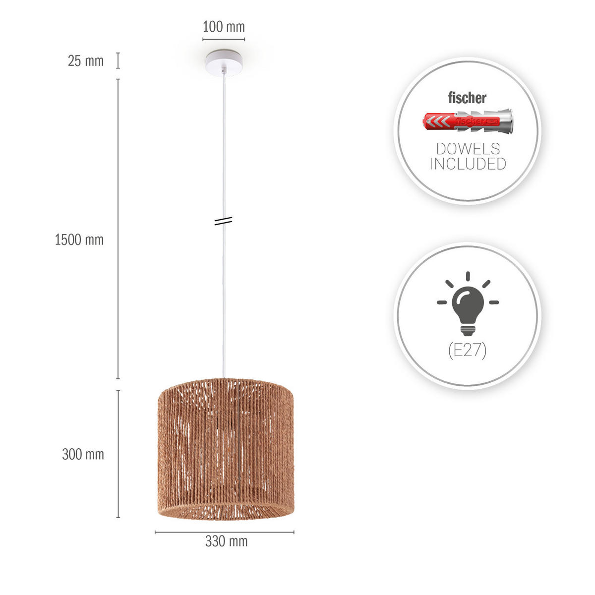 PENDELLEUCHTE Hugo Pd1 Ramira - Naturfarben, Metall (33/33/30cm) - Paco Home