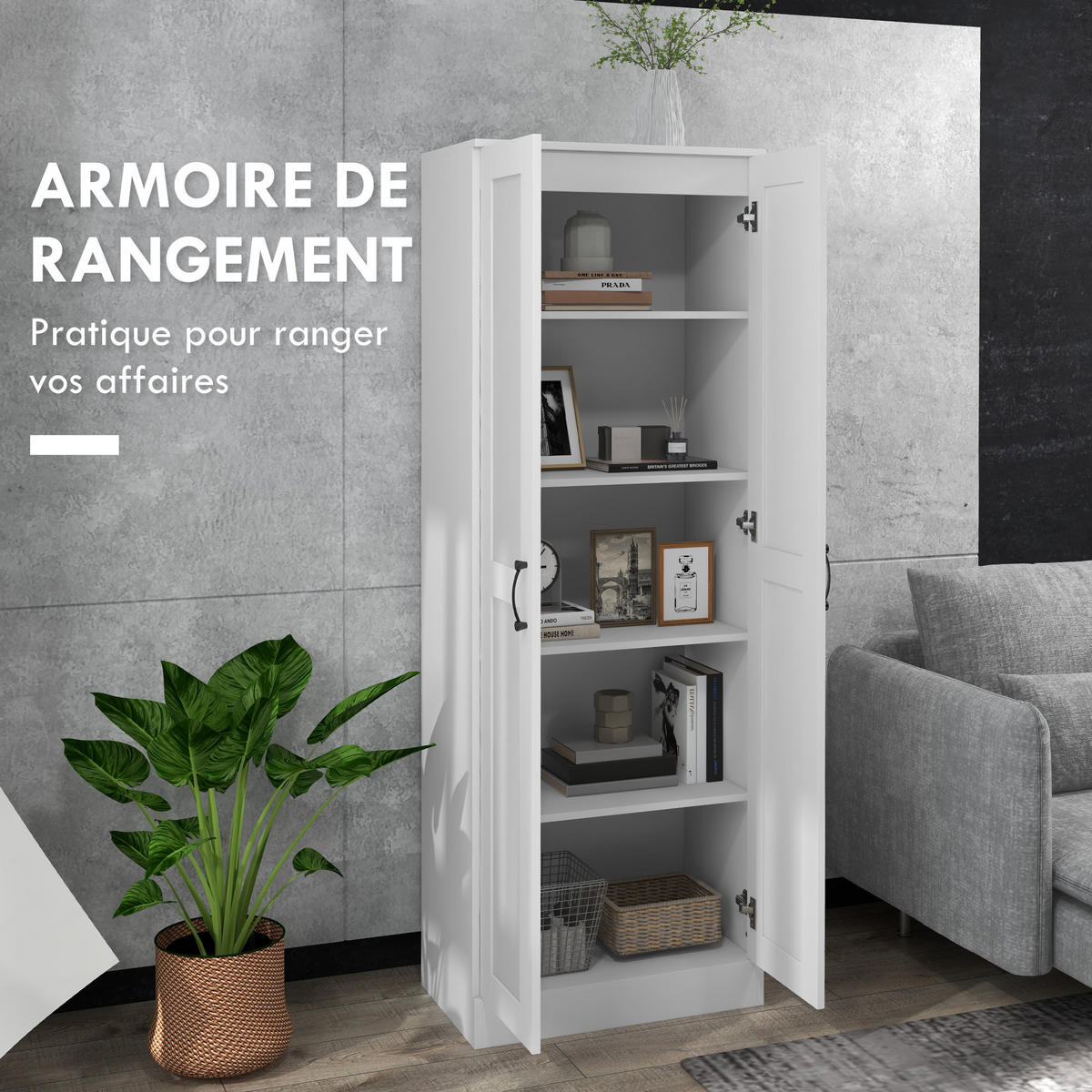 HIGHBOARD DE-11074 2 Türen & 5 Böden (3 verstellbar) Weiß - Weiß, Holzwerkstoff (36.5/175/60cm) - ComfortXL