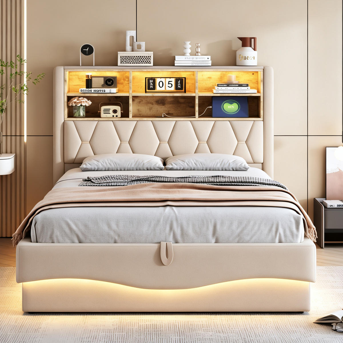 POLSTERBETT 140/200 cm in Beige mit LED-Beleuchtung und Stauraum - Beige, Metall (140/200cm) - Flora Grace