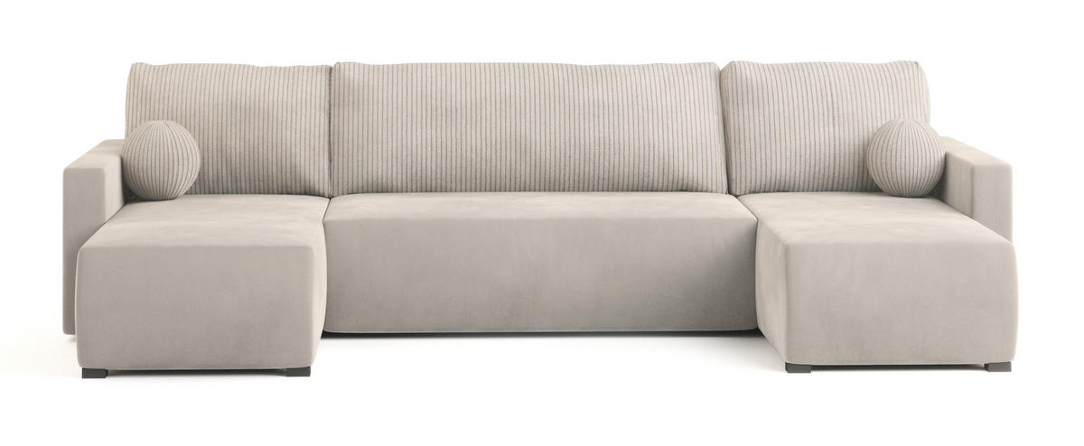 WOHNLANDSCHAFT TESSUN Creme Plüsch-Stoff mit Schlaffunktion - Creme, Holz (286/85/143cm) - MASSENO