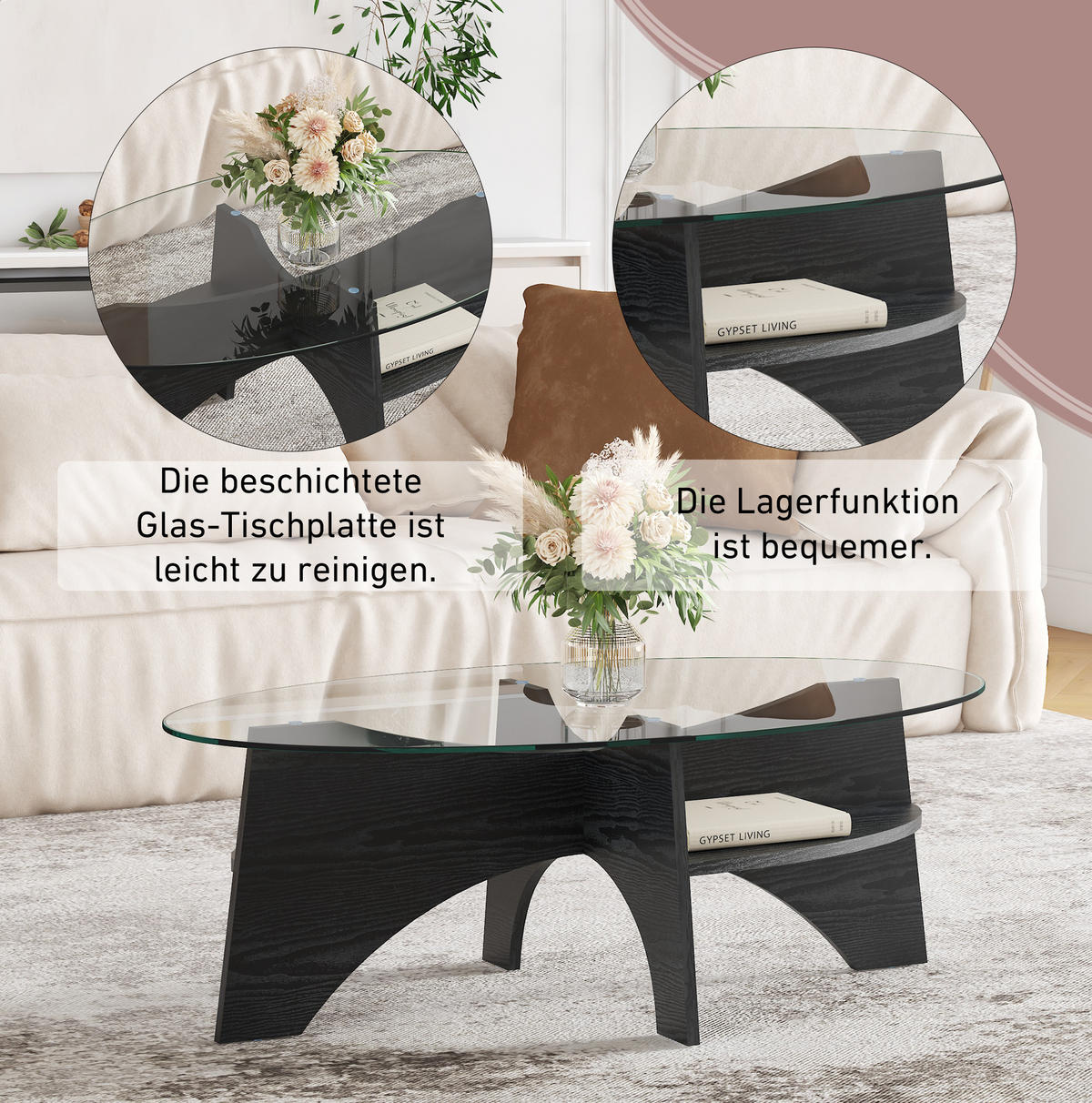 BEISTELLTISCH aus MDF und Glas 104,9x60x35,6 cm Schwarz/Transparent mit Sicherheitsglas und fächerförmigem Gestell - Schwarz, Holzwerkstoff (104.9/60/35.6cm) - Modfu