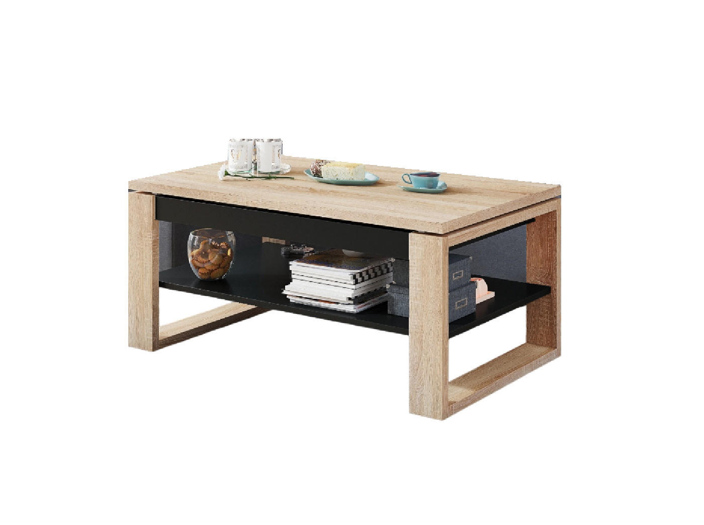 COUCHTISCH rechteckig Sonoma Eiche - Schwarz aufklappbar 110/65/50 cm - Schwarz/Sonoma Eiche, Holzwerkstoff (65/110/50cm) - designimpex