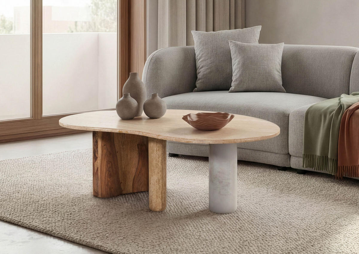 COUCHTISCH Sheesham 2er-Set natur sandgestrahlt lackiert / Marmor weiß ORGANIC COLLECTION #33 - Braun, Holzwerkstoff (65/120/35cm) - Massivmoebel24