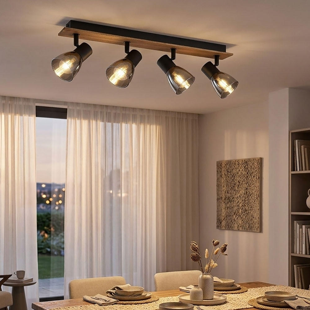 DECKENLEUCHTE Holz, Rauchglas, Schwarz, bewegliche Spots - Schwarz, Holz (50/7/15.5cm) - Globo Lighting