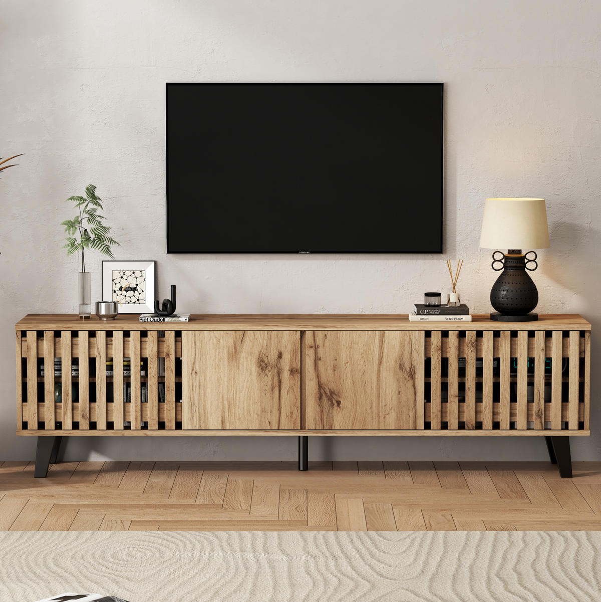 TV-LOWBOARD 180/40/55 cm mit 4 Türen und 8 Fächern in Naturholzfarbe - Hellbraun, Holzwerkstoff (180/55/40cm) - BEAOK