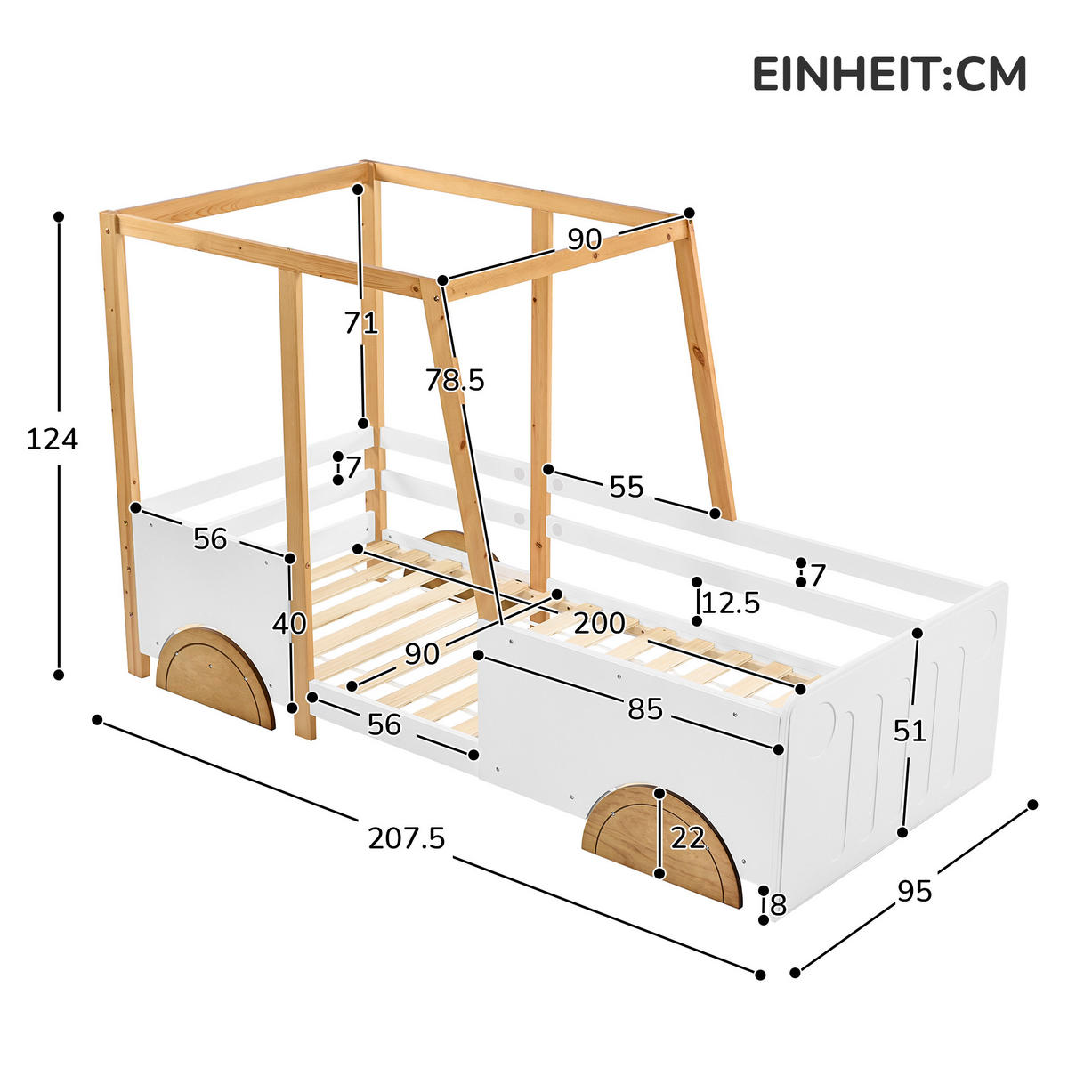 AUTOBETT 90/200 cm Weiß + Natur aus Kiefer mit MDF-Rädern - Weiß, Holz (90/200cm) - OKWISH
