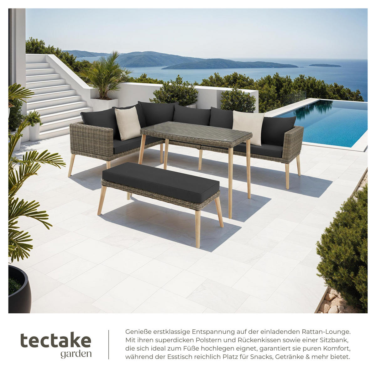 RATTANLOUNGE Pula,mit Sicherheitsglasplatte,natur - Naturfarben, Kunststoff/Metall - tectake