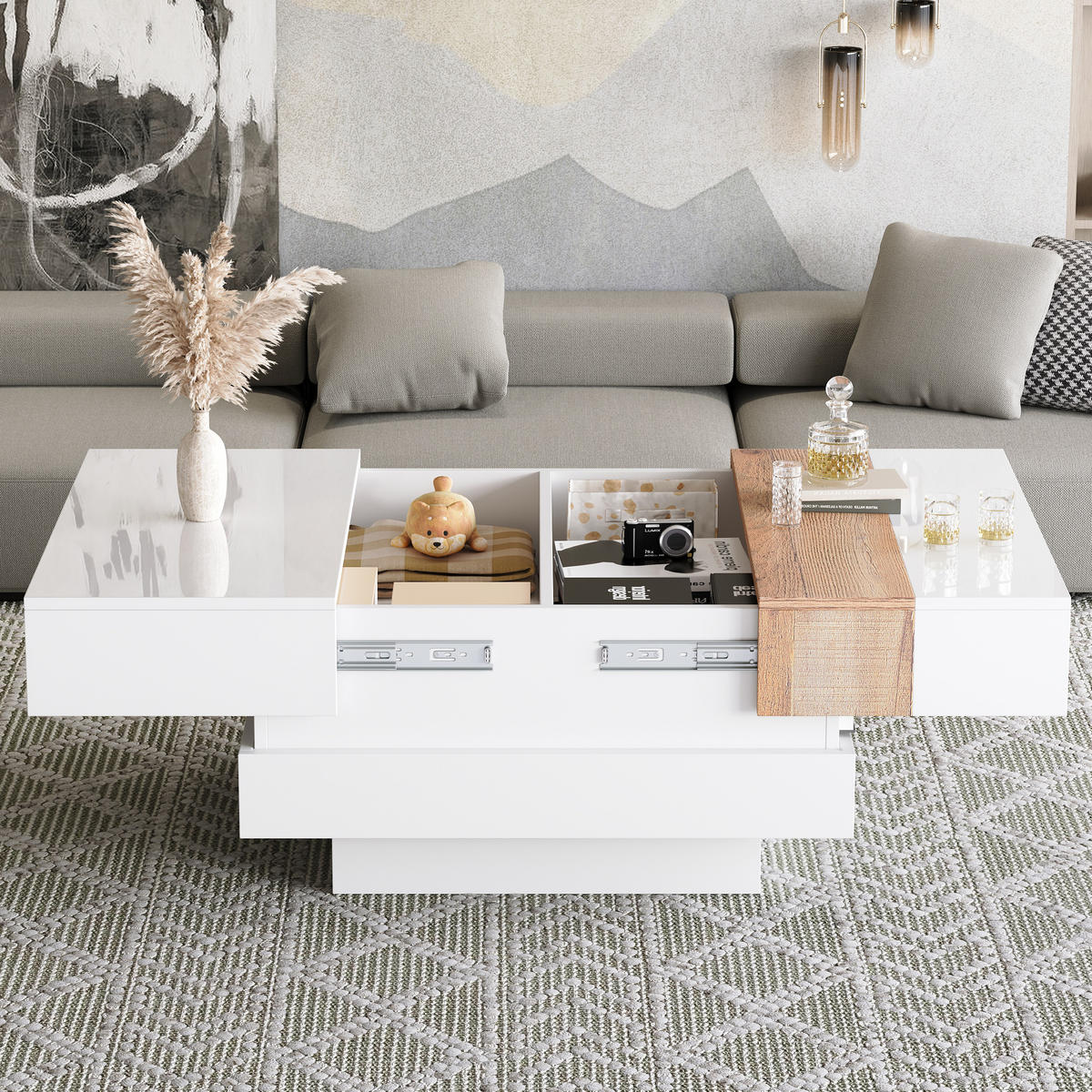 COUCHTISCH, weiß Hochglanz Tischplatte mit ausziehbarer Platte und verstecktem Staufach, 70/70/39 cm,Weiß - Weiß, Holzwerkstoff (70/70/39cm) - Redom