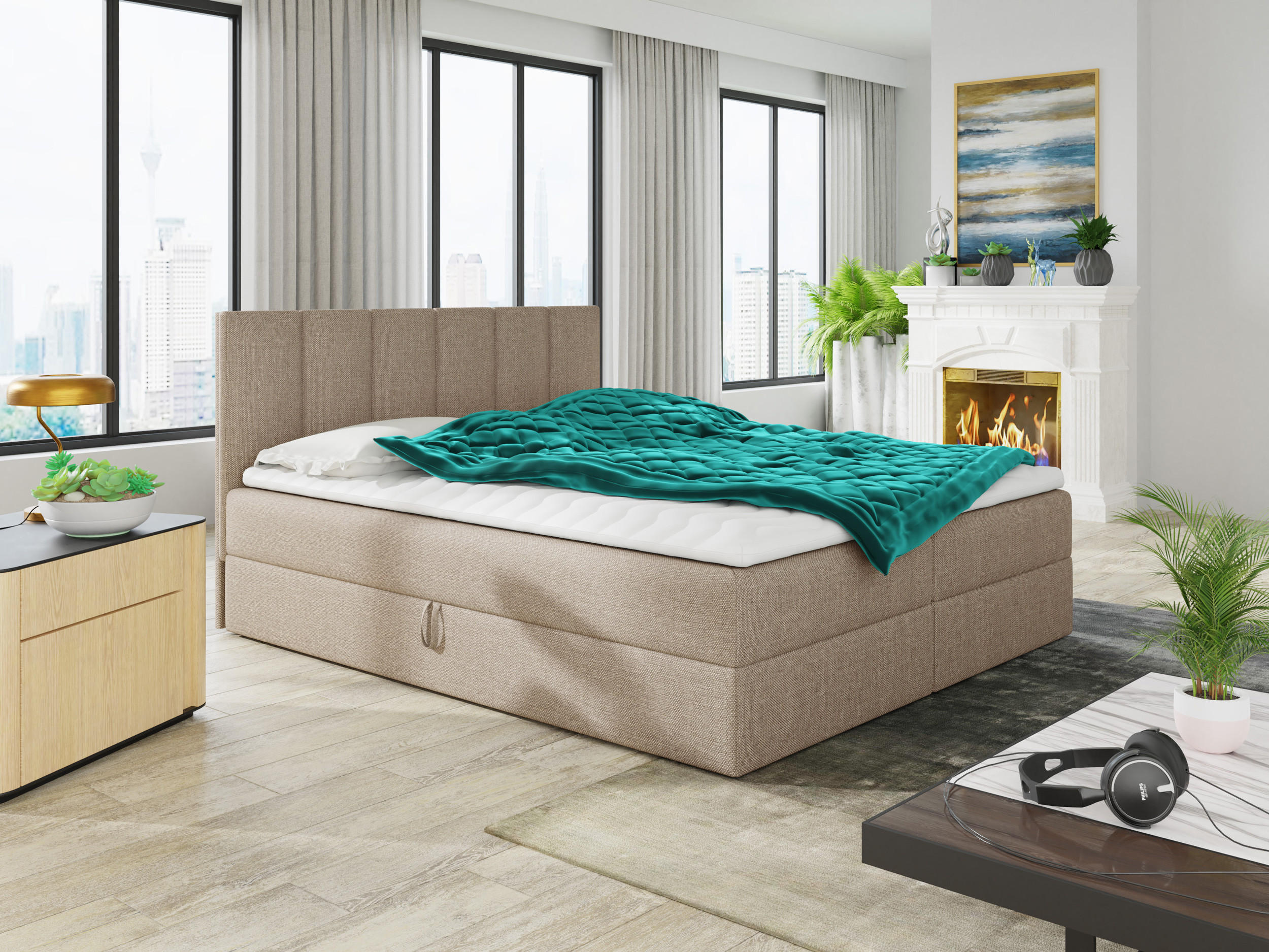 BOXBETT Star - 180x200 - beige (Inari 22, Webstoff) - Beige/Schwarz, Holz/Holzwerkstoff (180/200cm) - Sofnet