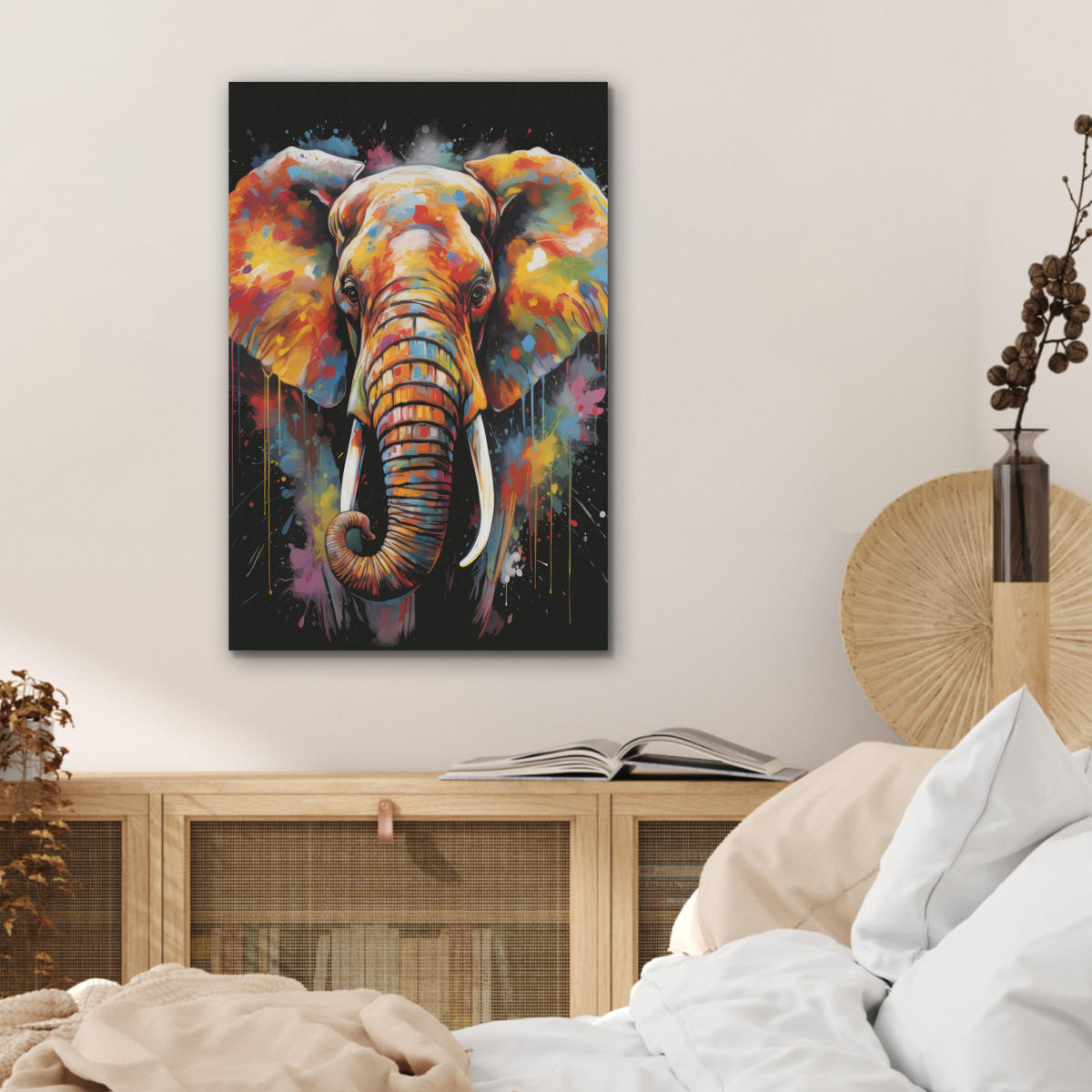 AKUSTIKBILD Elefant - Graffiti - Schwarz - Tiere - Farben Kunstdruck Schlafzimmer 50x70 cm - Schwarz, Kunststoff (50/70/0.9cm) - MuchoWow