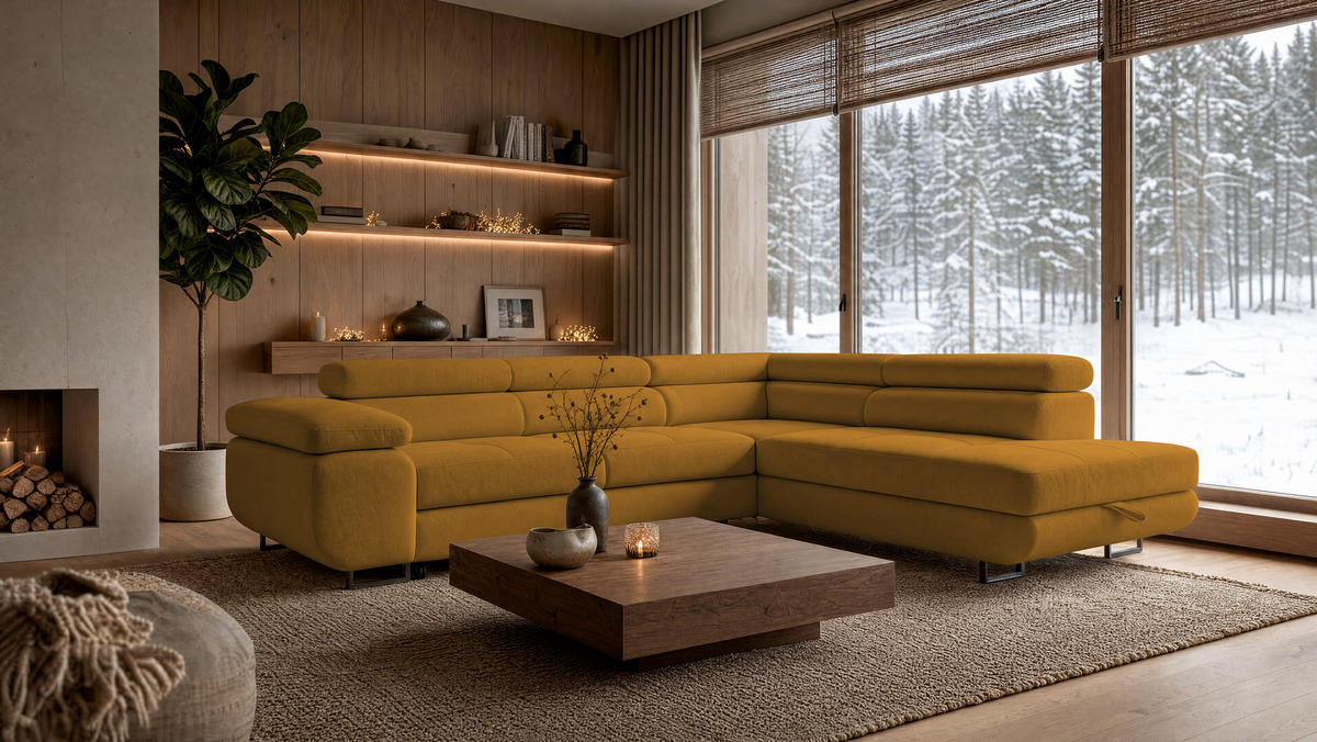 ECKSOFA Velmo mit Bettkasten und Schlaffunktion, verstellbaren Kopfstützen, in L-Form - Goldfarben, Textil (275/203cm)