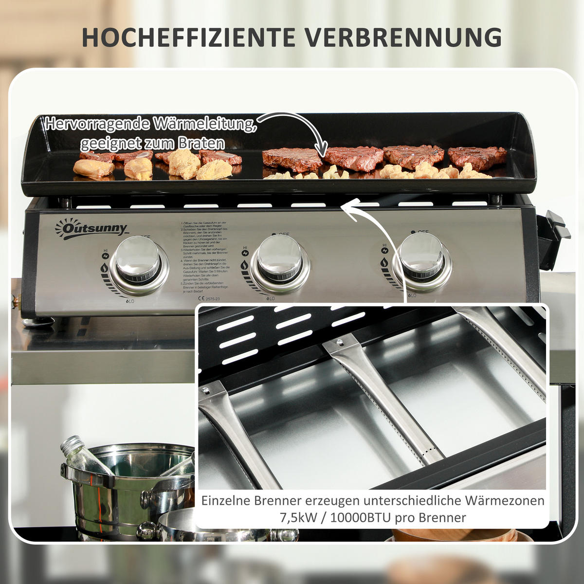 GASGRILL BBQ mit 3 Brennern, Edelstahl, Metall, Schwarz, 63 x 47 x 25 cm - Schwarz, Metall (47/25/63cm) - Outsunny