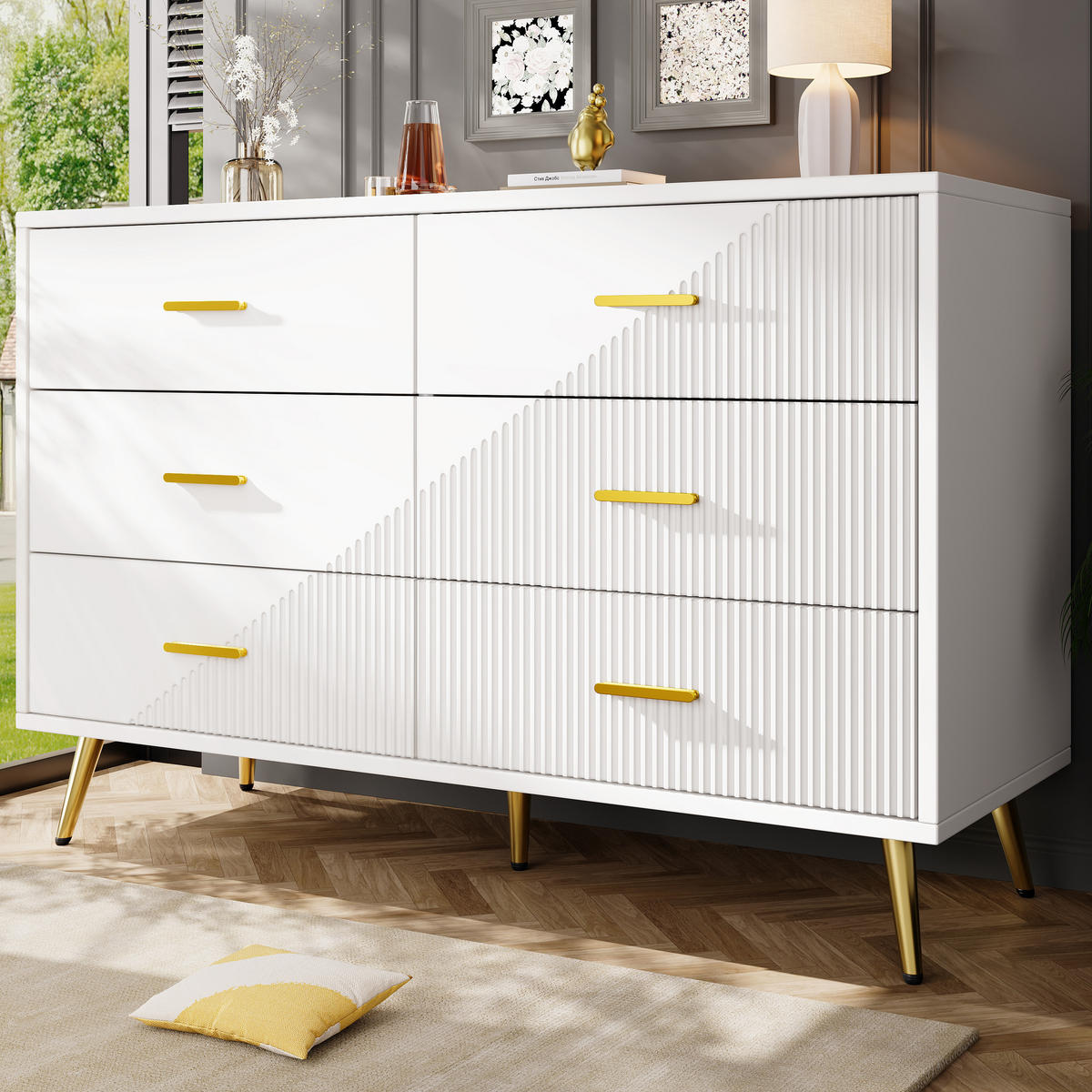 SIDEBOARD 120/40/75 cm, 6 Schubladen, weißes MDF mit Metallbeinen，weiß - Weiß, Holzwerkstoff (120/75/40cm) - Redom