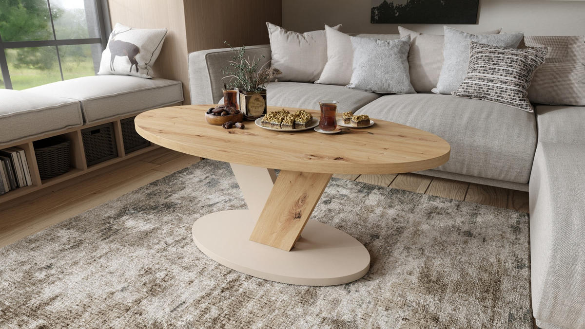 COUCHTISCH Oval Eiche Artisan - Beige mit Ablage - Beige/Eiche Artisan, Holzwerkstoff (60/110/45cm) - designimpex