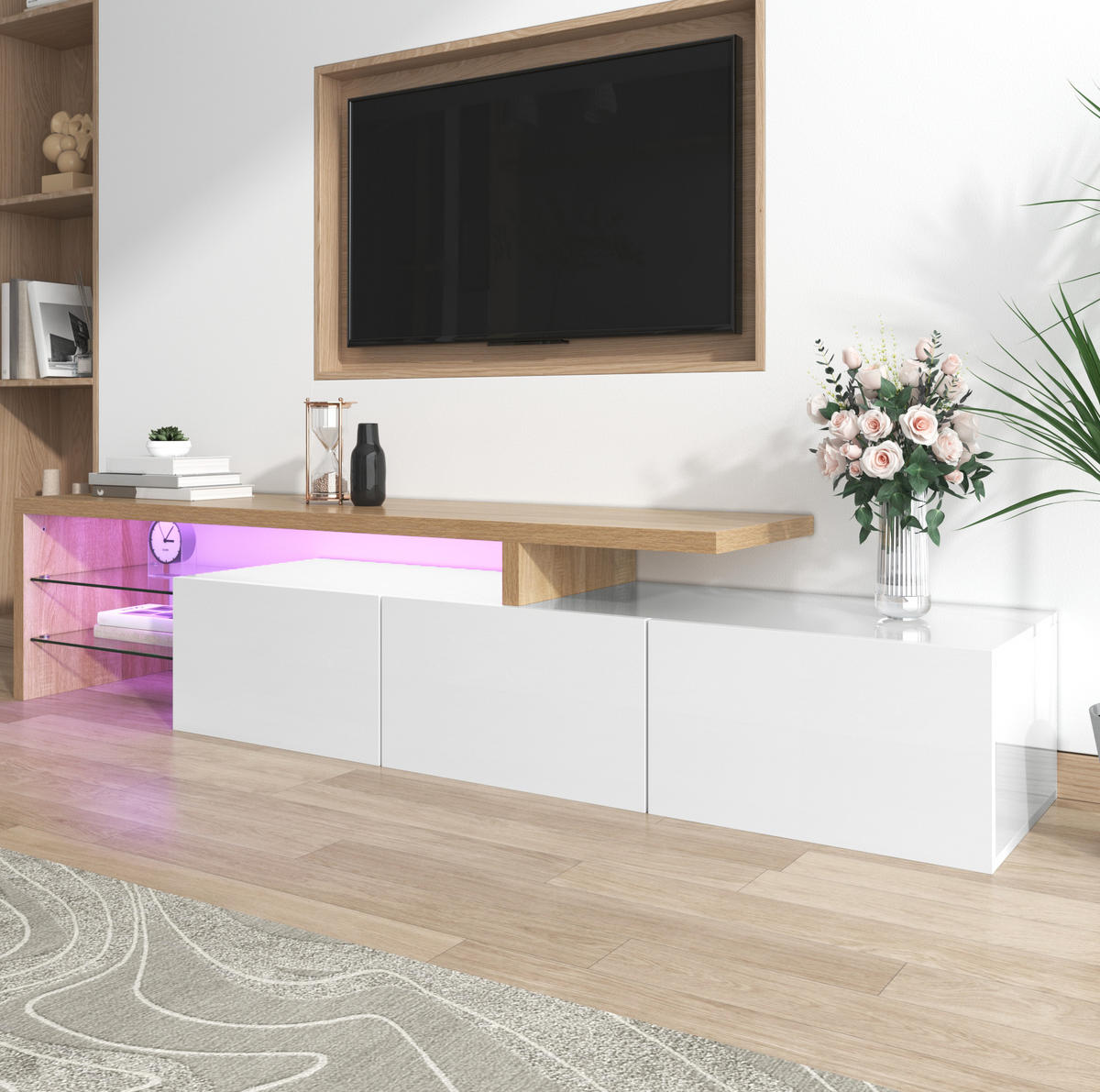 TV-ELEMENT mit LED 197,5 x 39 x 42 cm Weiß Holzoptik - Weiß, Glas (39/42/197.5cm) - Beauniv