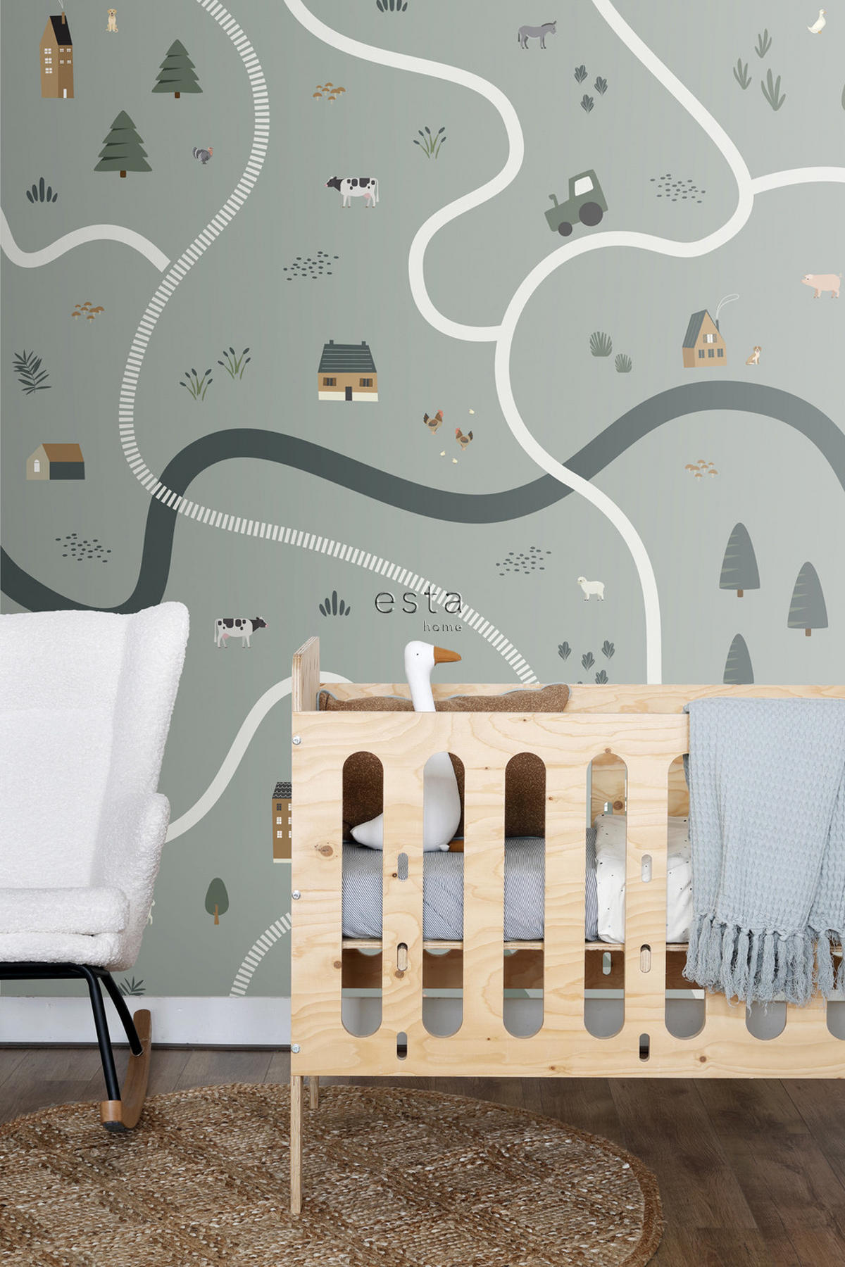 FOTOTAPETE Traktoren und Bauernhoftiere 200 x 279 cm - Grün, Papier (200/279cm) - ESTAhome