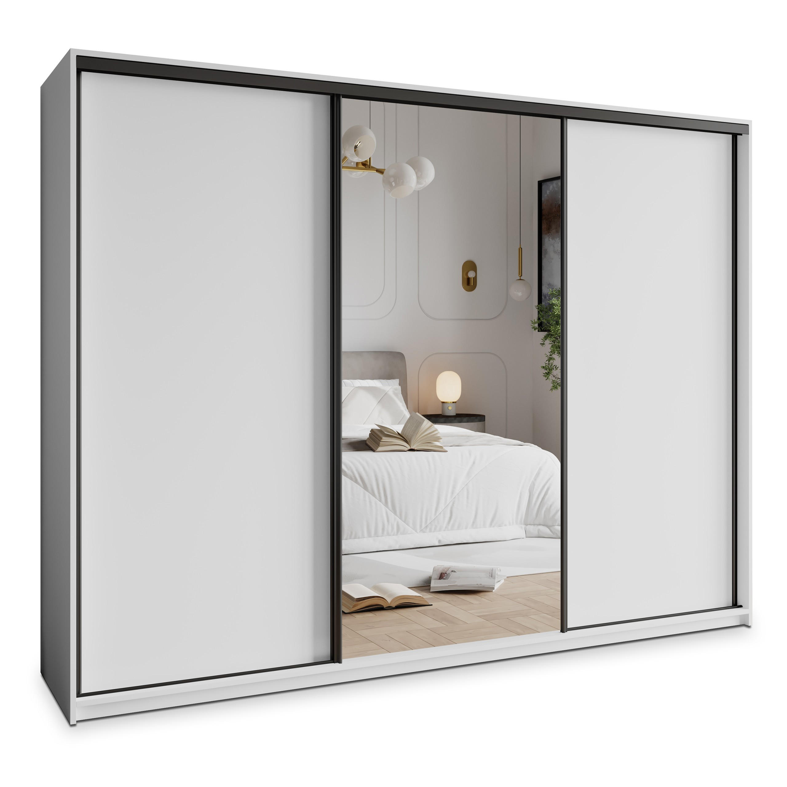 SCHWEBETÜRENSCHRANK TAVI 250/205/60 cm 3-türig mit Spiegel und Schubladen Weiß - Schwarz/Weiß, Holzwerkstoff (250/205/60cm) - MASSENO