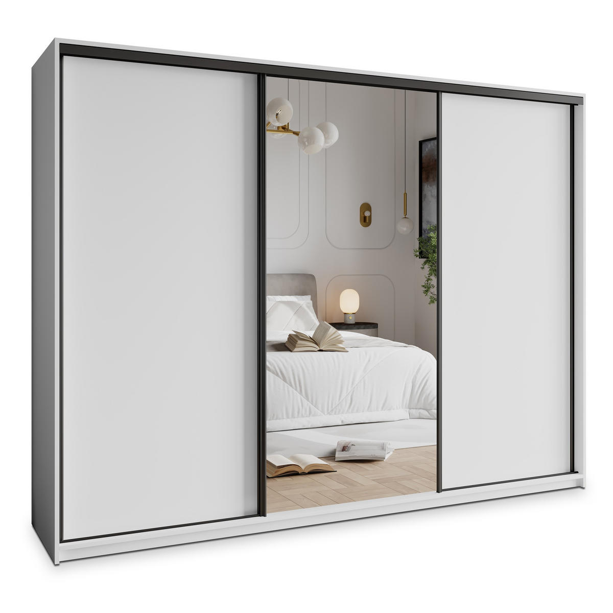 SCHWEBETÜRENSCHRANK TAVI 250/205/60 cm 3-türig mit Spiegel und Schubladen Weiß - Schwarz/Weiß, Holzwerkstoff (250/205/60cm) - MASSENO