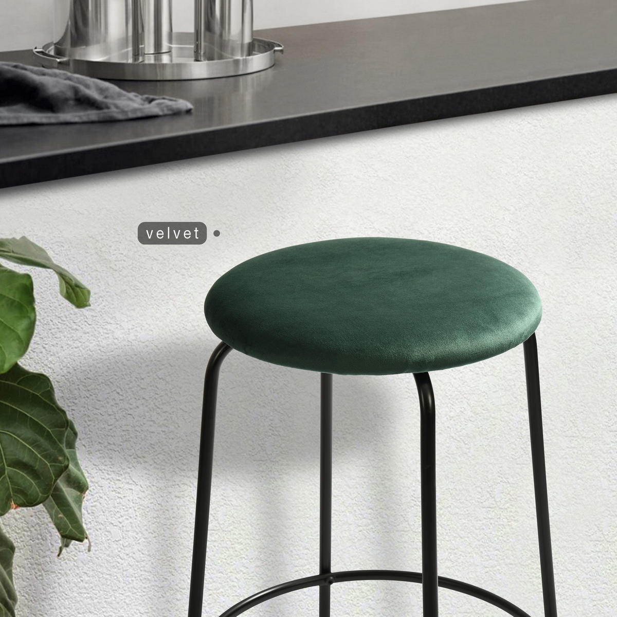 BARHOCKER 2er-Set Metallfüße, Samt, grün - Schwarz/Grün, Textil/Metall (36/73/37cm) - Urban Meuble