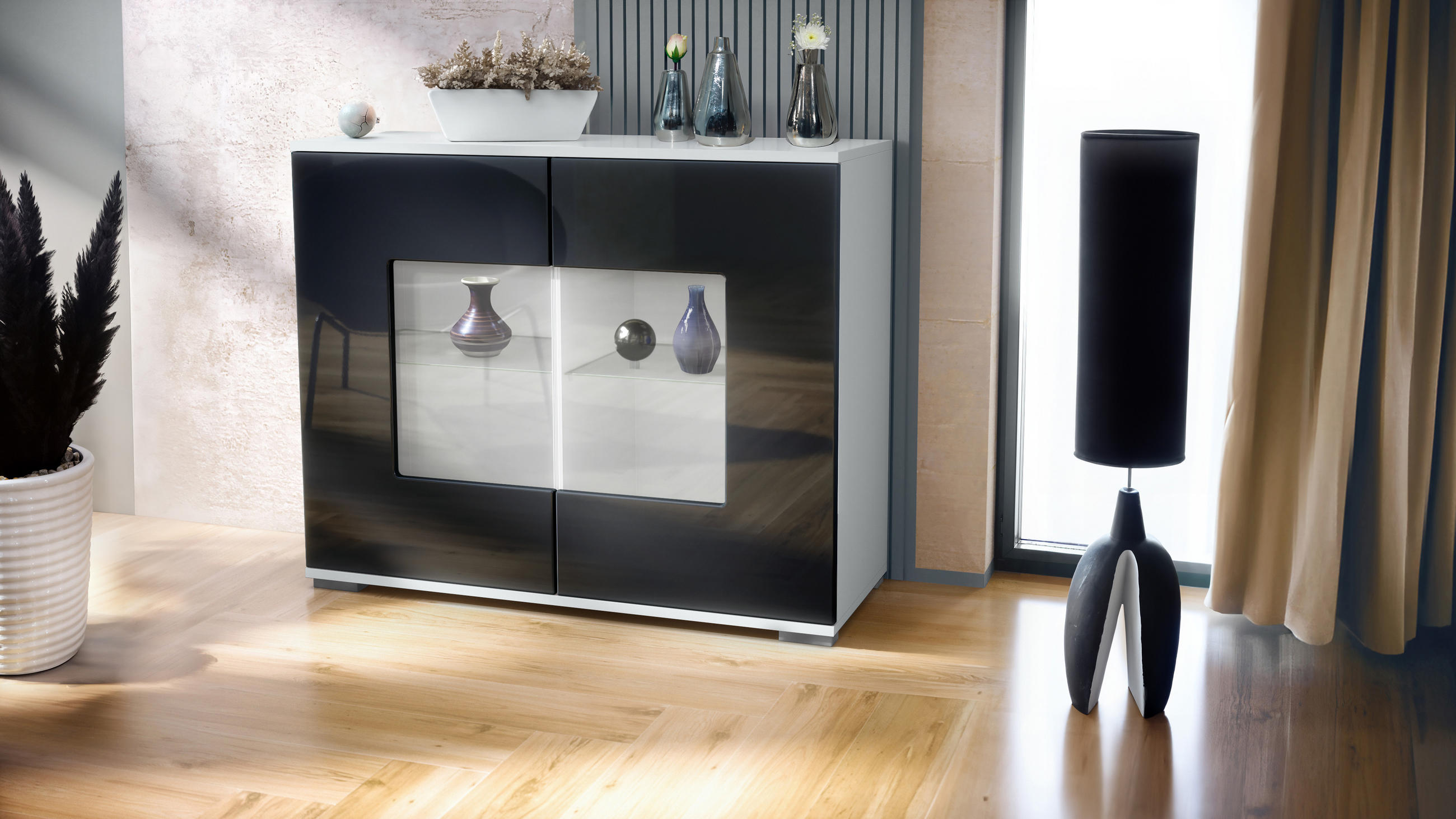 KOMMODE Grömitz Schwarz Hochglanz - Schwarz Hochglanz, Holzwerkstoff (92.5/75.5/35cm) - Vladon