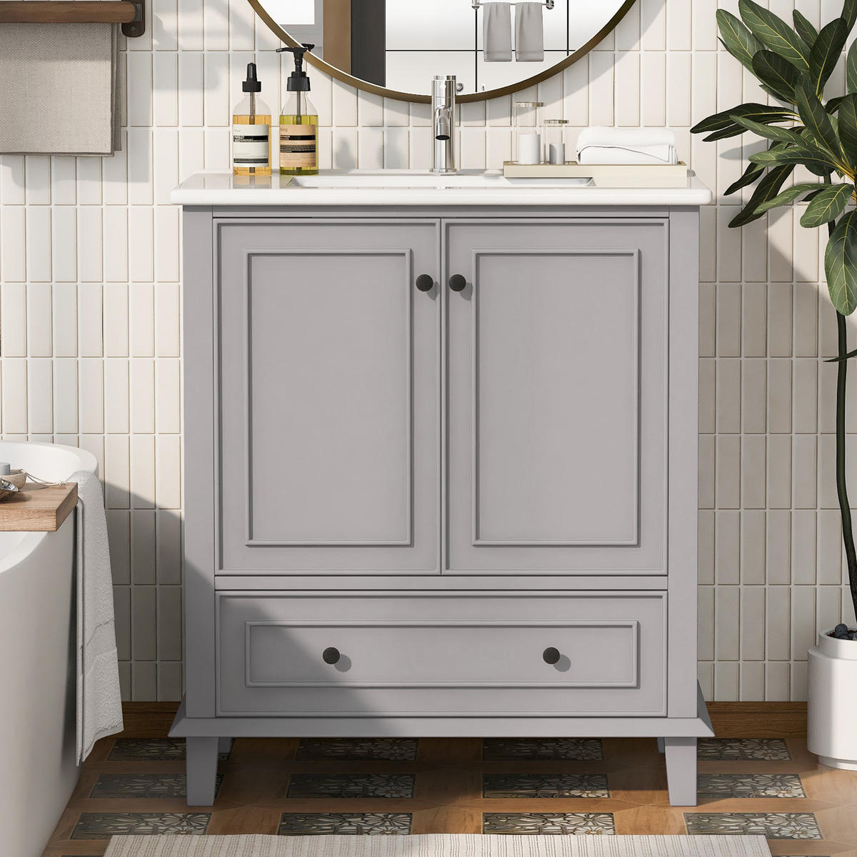 BADEZIMMERSCHRANK 76x46x87cm in Grau mit Massivholzbeinen & Keramikbecken - Grau, Holzwerkstoff (76/87/46cm) - Modfu