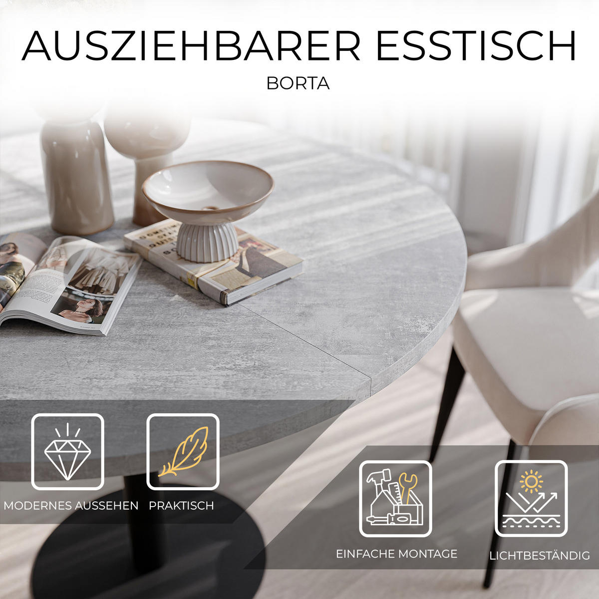TISCH einbeinig schwarzes Bein, MDF Tischplatte, Bellato Grau - Schwarz/Grau, Holzwerkstoff (100/100/76cm) - Idohome