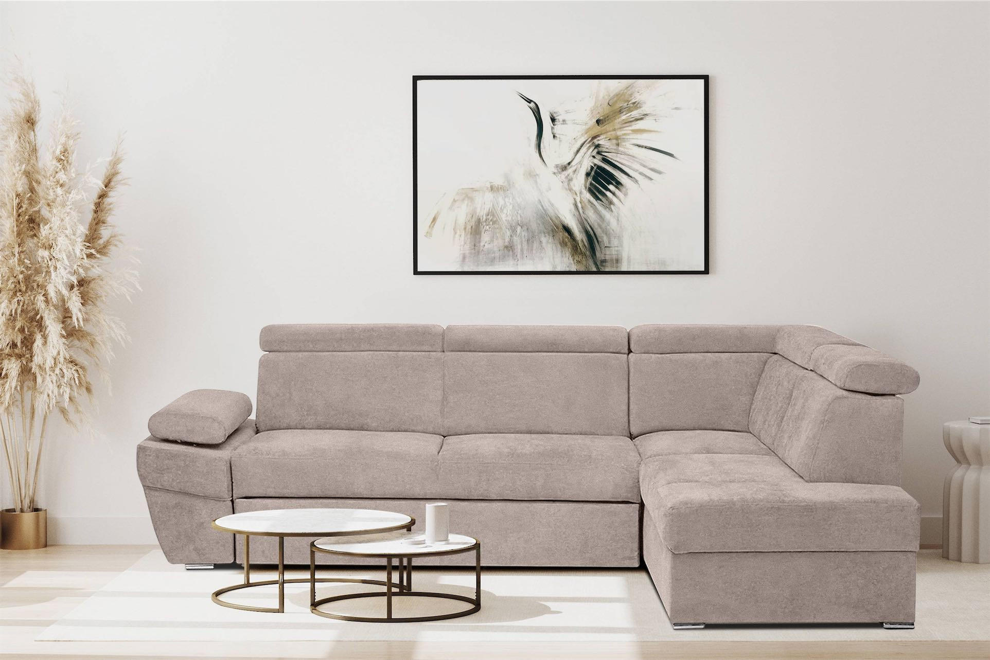 SCHLAFECKSOFA RATLO rechts 4/5-Sitzer mit Bettkasten in Lederoptik, Beige - Beige/Silberfarben, Textil (270/190cm) - KONSIMO®