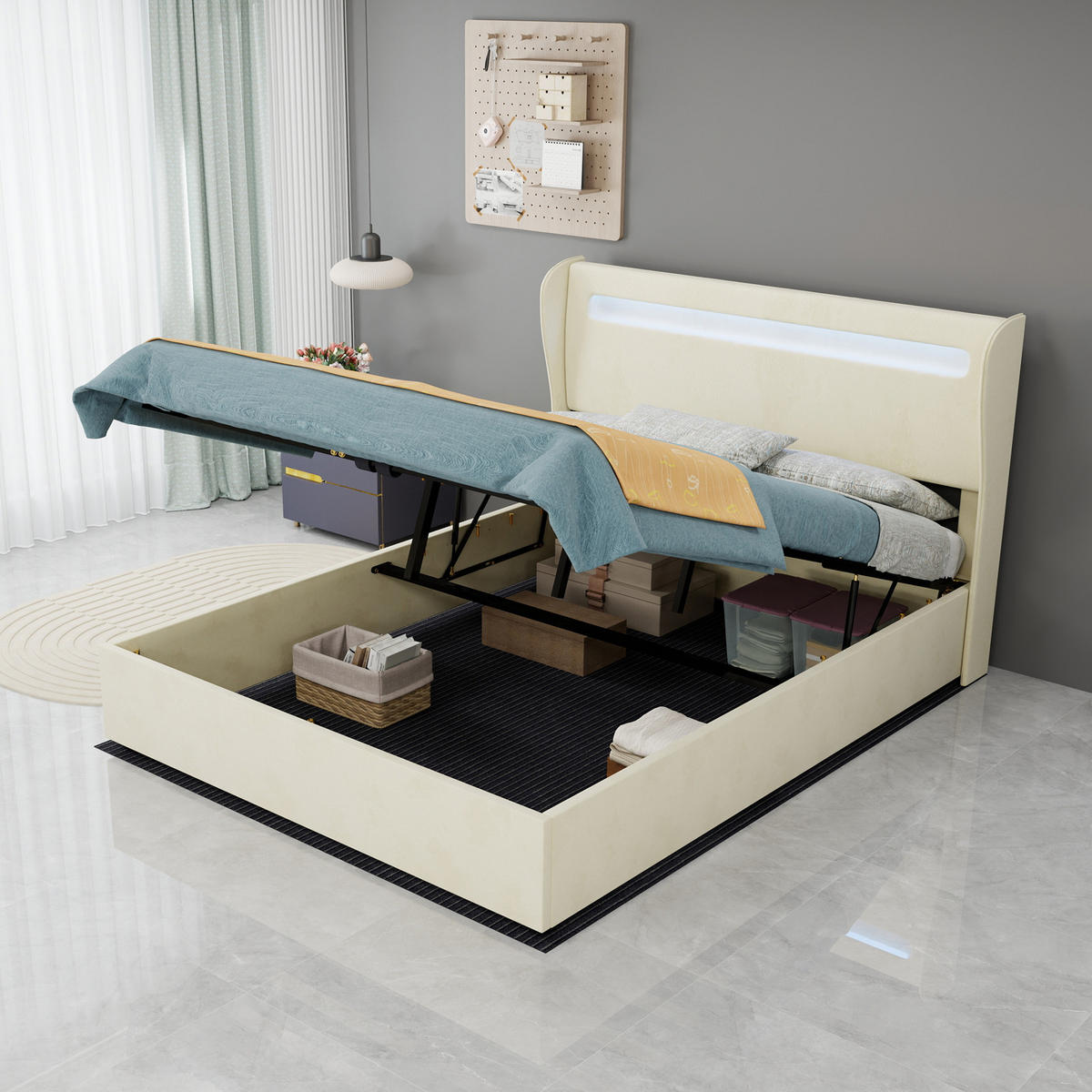 STAURAUMBETT 140/200 cm DE-33013 mit LED-Kopfteil und Gaslift-Stauraum Beige - Beige, Metall (140/200cm) - ComfortXL