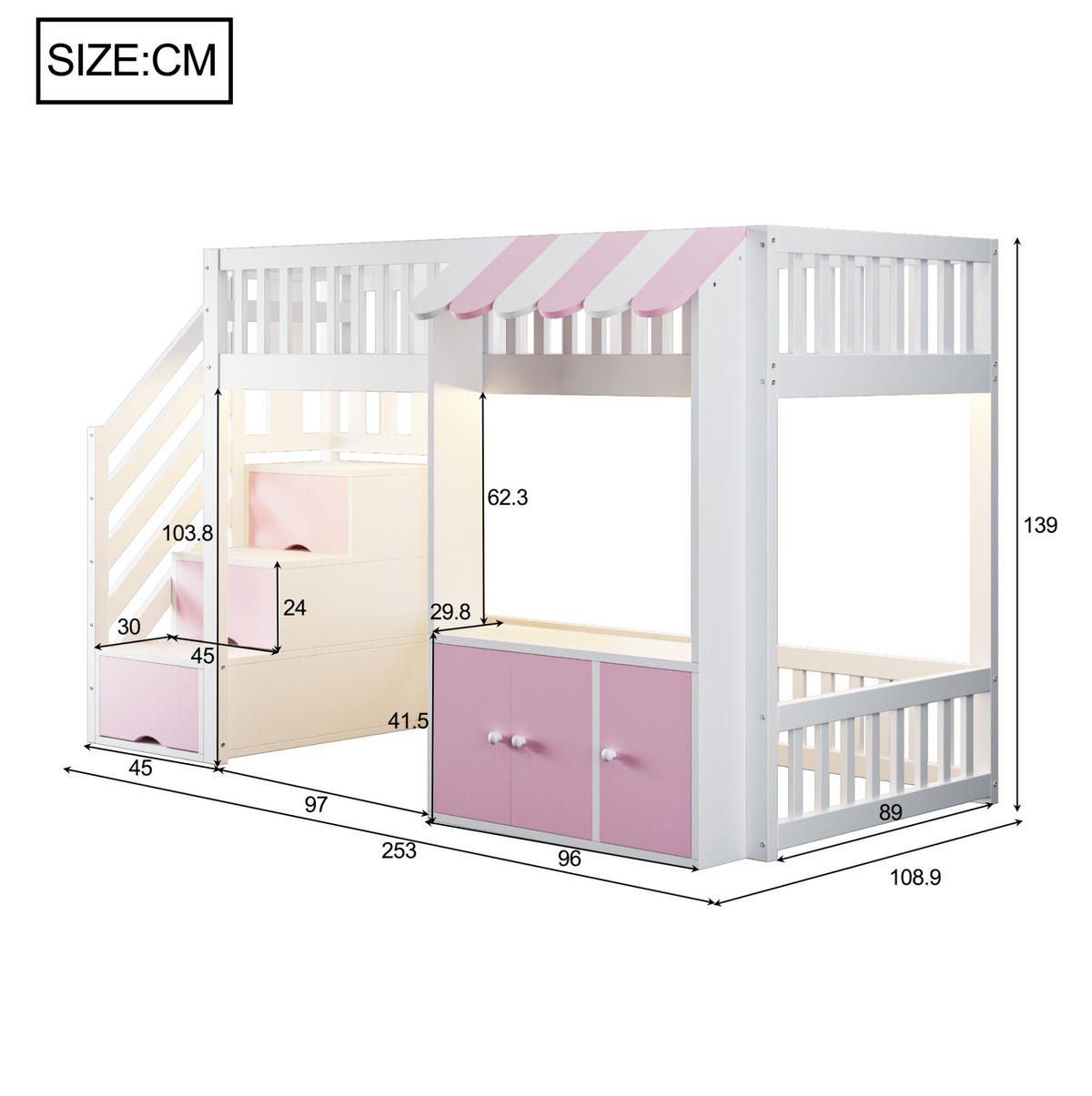 HOCHBETT 90/200 cm Pink/Weiß mit Stauraumtreppe und LED - Rosa, Holz (90/200cm) - MIVRAY