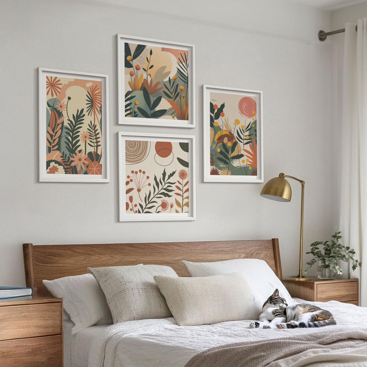 WANDBILDER 4er-Set - 50x50 cm & 40x60 cm Weißer Rahmen - Pastellfarbene Pflanzenmuster - Weiß, Kunststoff (50/50cm) - ArtPrintCave