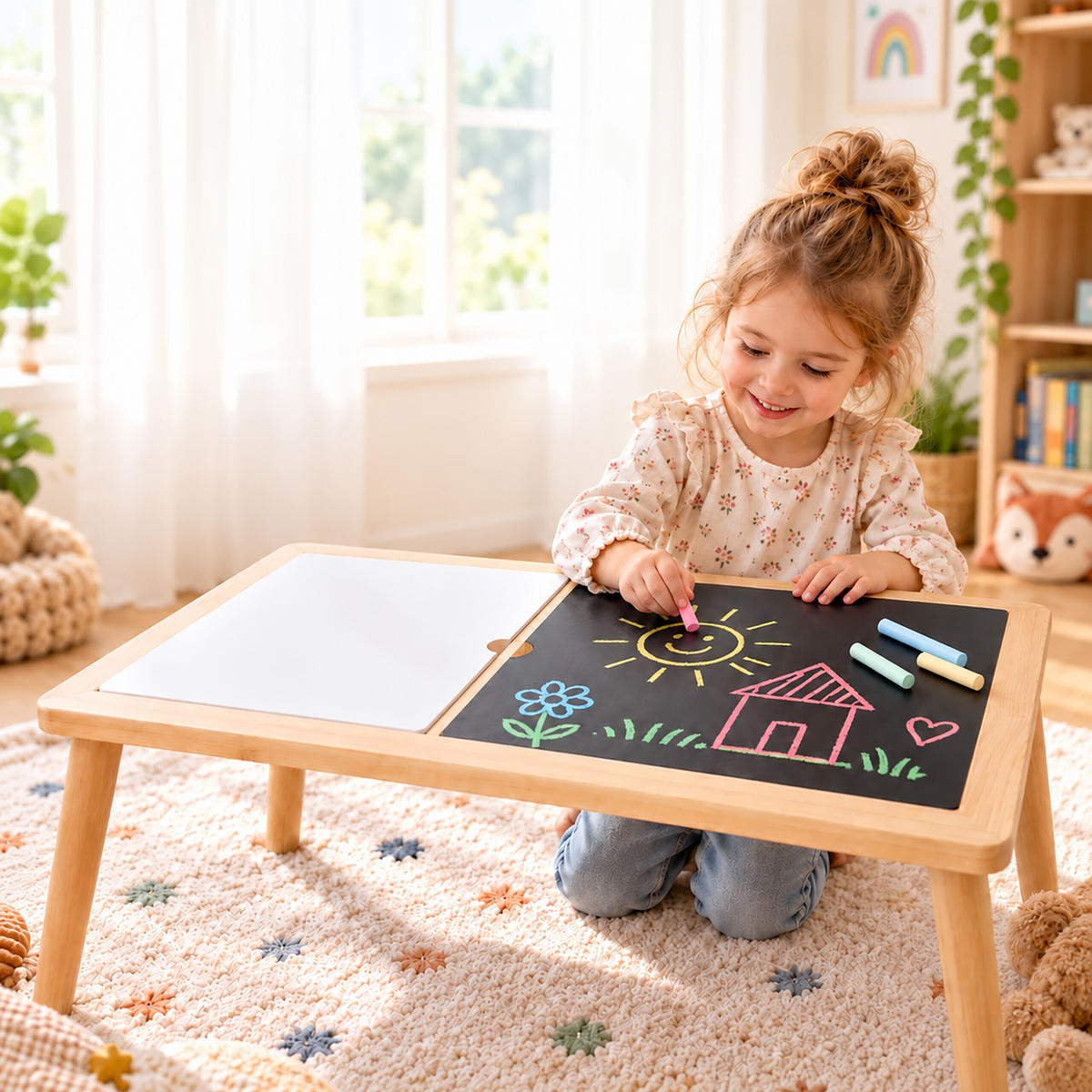 BARNBORD Natur Vit 3-i-1 med förvaring 73x53 cm - Multicolor, Trä/Plast (73/50/53cm) - Relaxdays