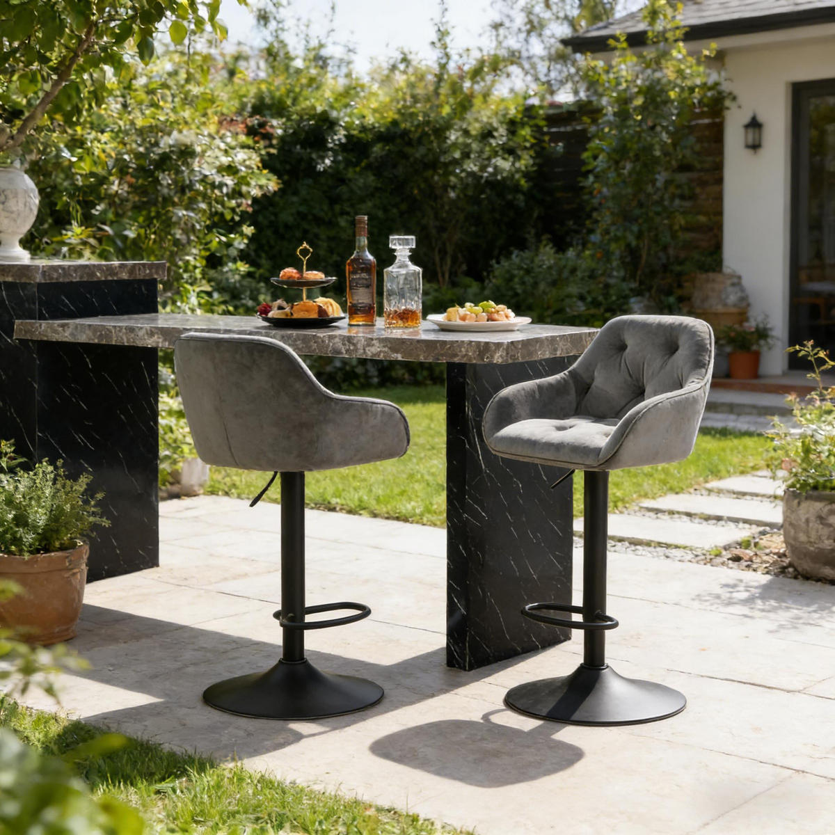 BARHOCKER 2er-Set Dunkelgrau Samt Höhenverstellbar Drehbar mit Rückenlehne - Dunkelgrau, Metall (37.5/108.5/37cm) - PANGIVO