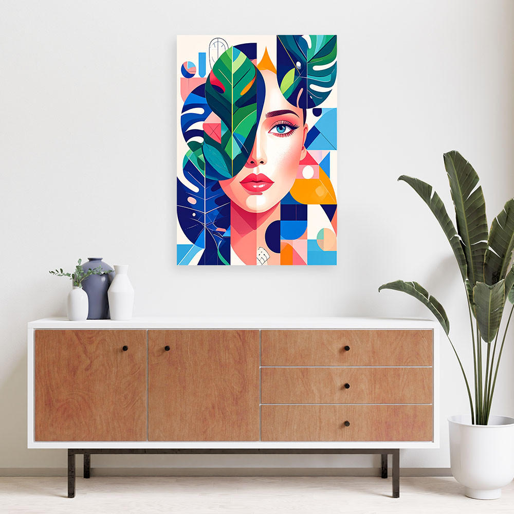 LEINWANDBILD Frau mit Monstera-Blättern im Bauhaus-Stil 70x100cm - Multicolor, Textil (70/100cm) - Feeby