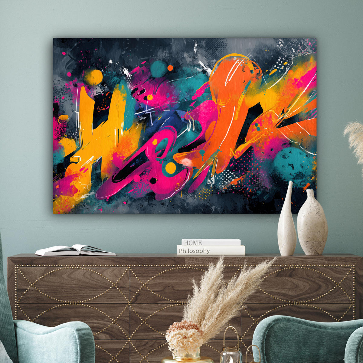 LEINWANDBILD Abstrakt - Graffiti - Farbenfroh - Farbspritzer XXL 150x100 cm - Multicolor, Textil (150/100cm) - MuchoWow
