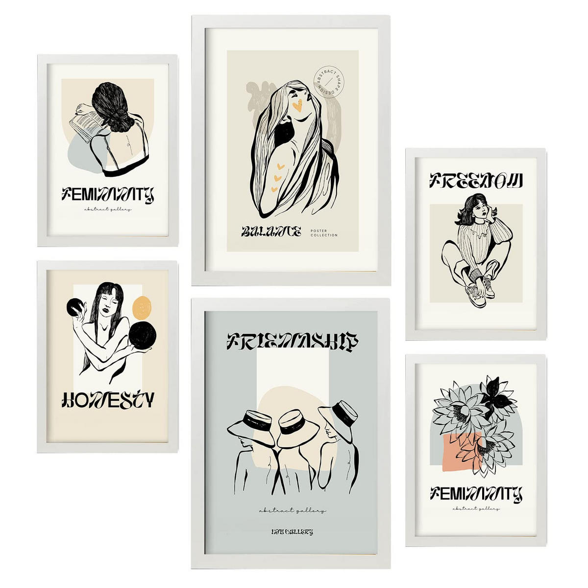 POSTER Set Mit 6 Schwarze Tinte Freundschaft Größe A3 & A4 Weißer Rahmen - Weiß, Papier (29.7/1cm) - Nacnic