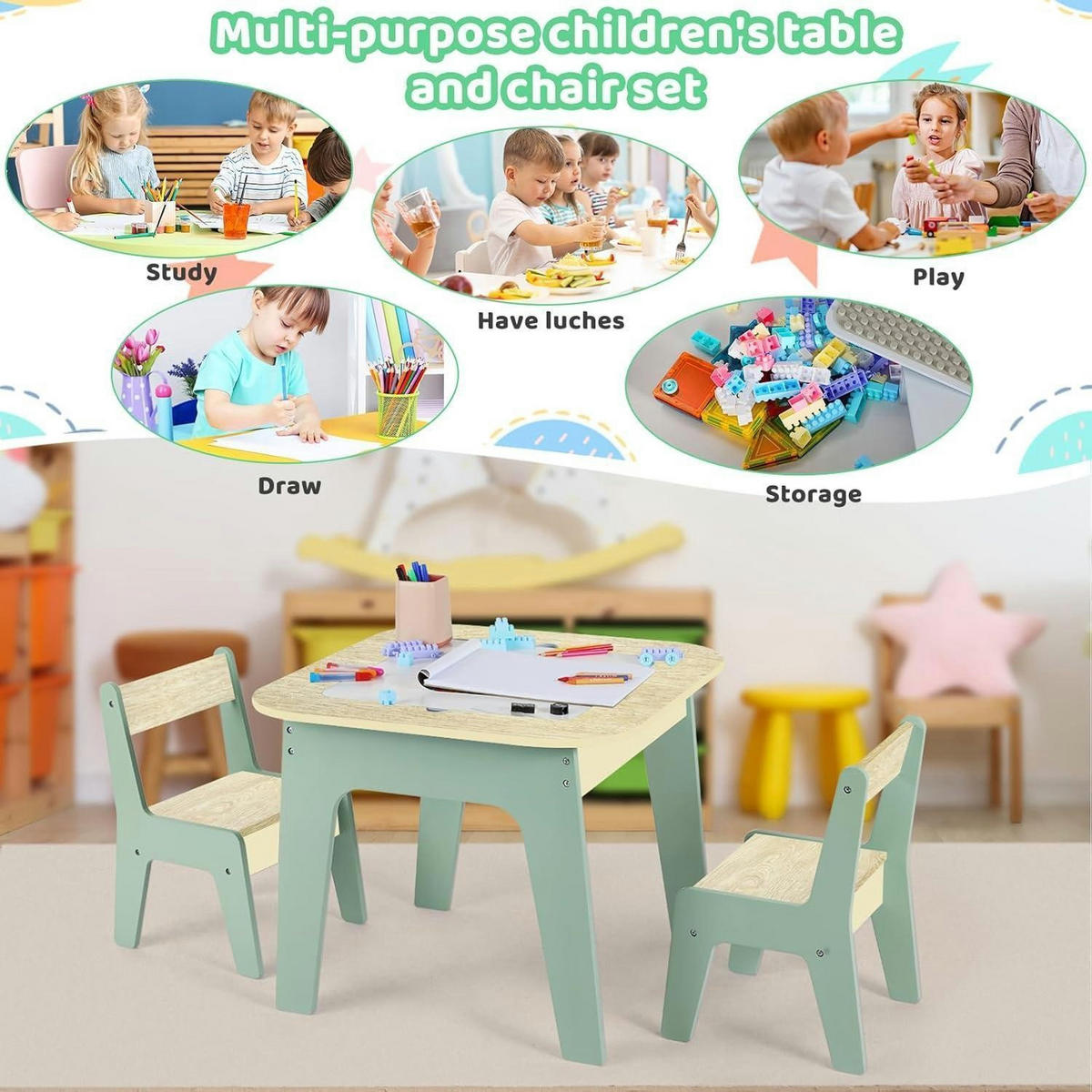 KINDERTISCH mit 2 Stühlen 4-in-1 Multifunktion Grün - Hellgrün, Holzwerkstoff (50/49/54cm)
