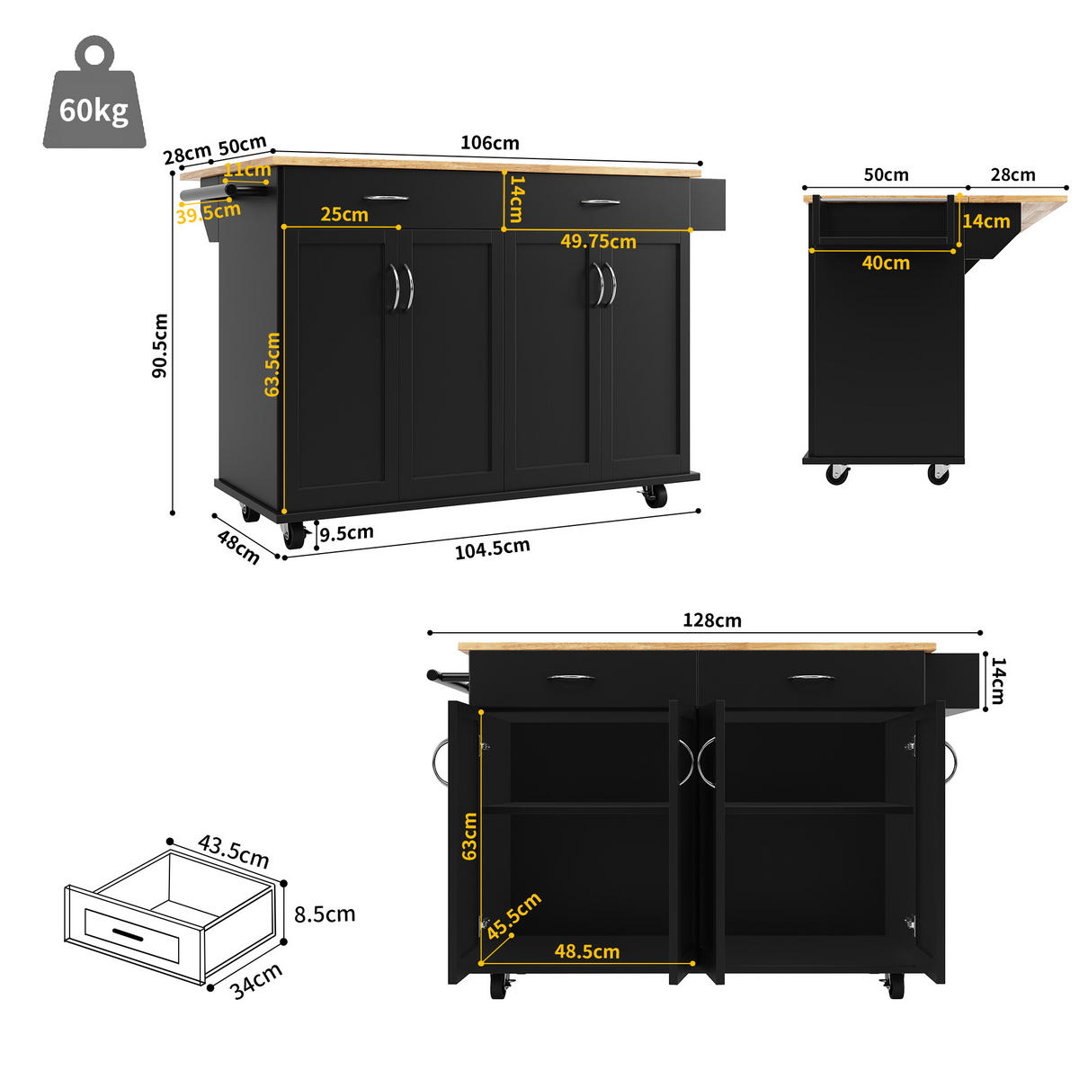 KÜCHENINSEL 106x78x90.5cm Schwarz mit Klapptisch & Rädern - Schwarz, Holzwerkstoff (106/90.5/78cm) - Modfu