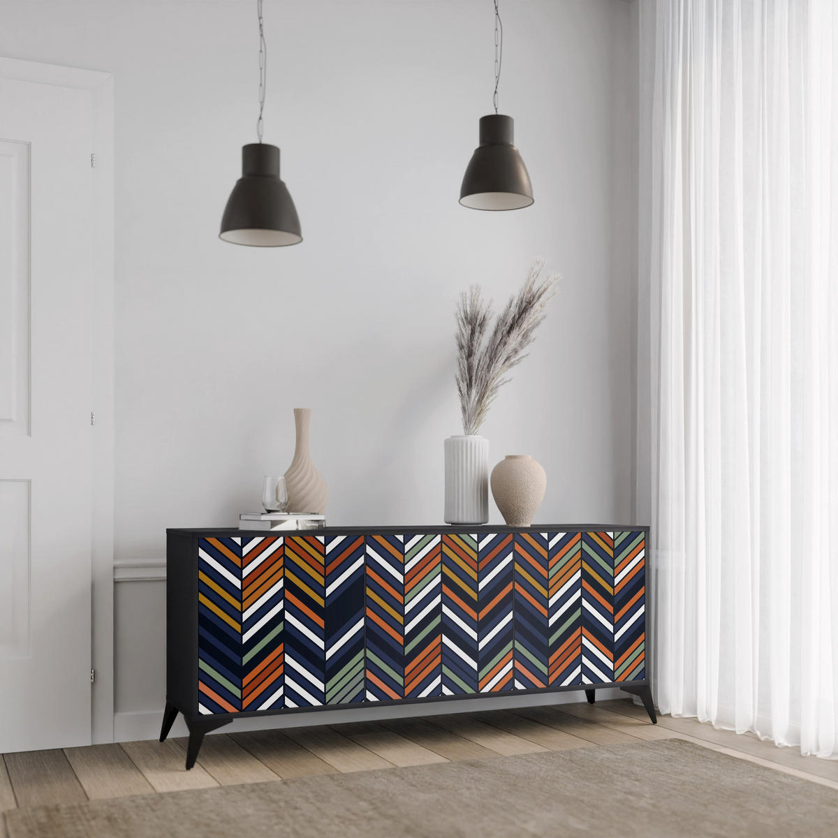 SIDEBOARD VIBRANT PATCHWORK, Eicheneffekt, 164,5x42x77,5 cm, 3 Türen - Eichefarben/Buchefarben, Holzwerkstoff/Buchenholz (164.5/77.5/42cm) - SpaceRebels