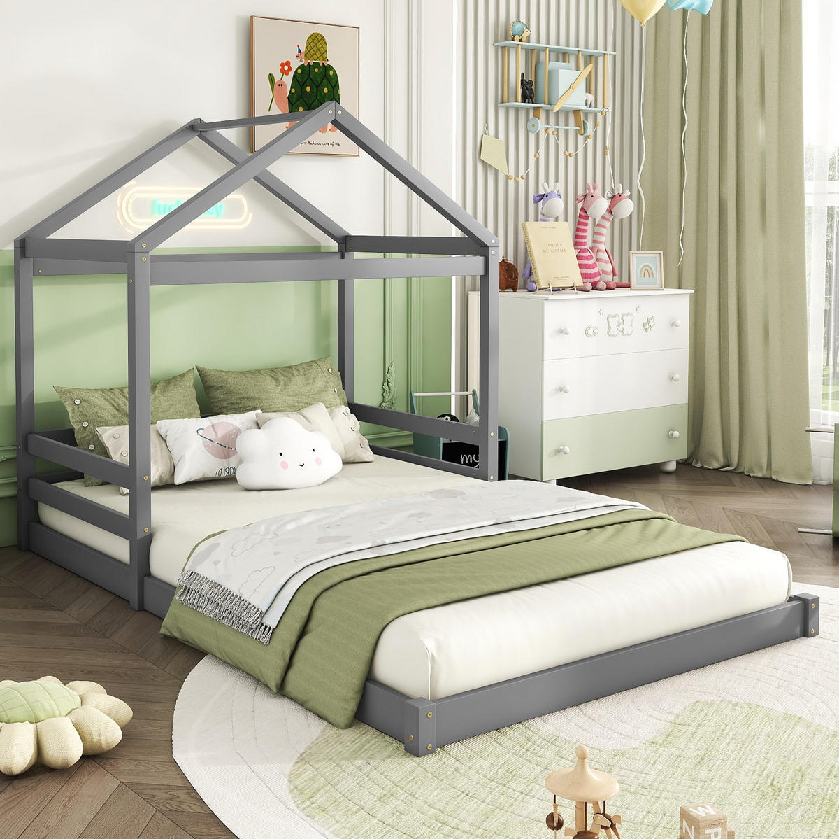 KINDERBETT 140/200 cm in Hausform mit Lattenrost aus Kiefer und MDF, Grau - Grau, Holzwerkstoff (140/200cm) - Redom