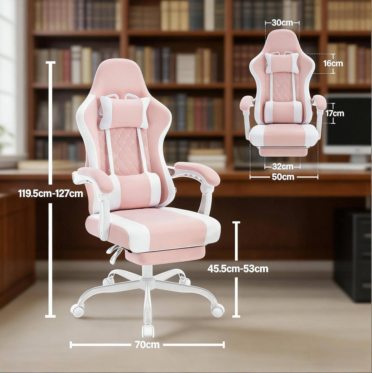 BÜROSTUHL mit Massagefunktion höhenverstellbar Mesh-Stoff Pink Weiß - Pink, Metall (70/127/70cm) - Meubliv