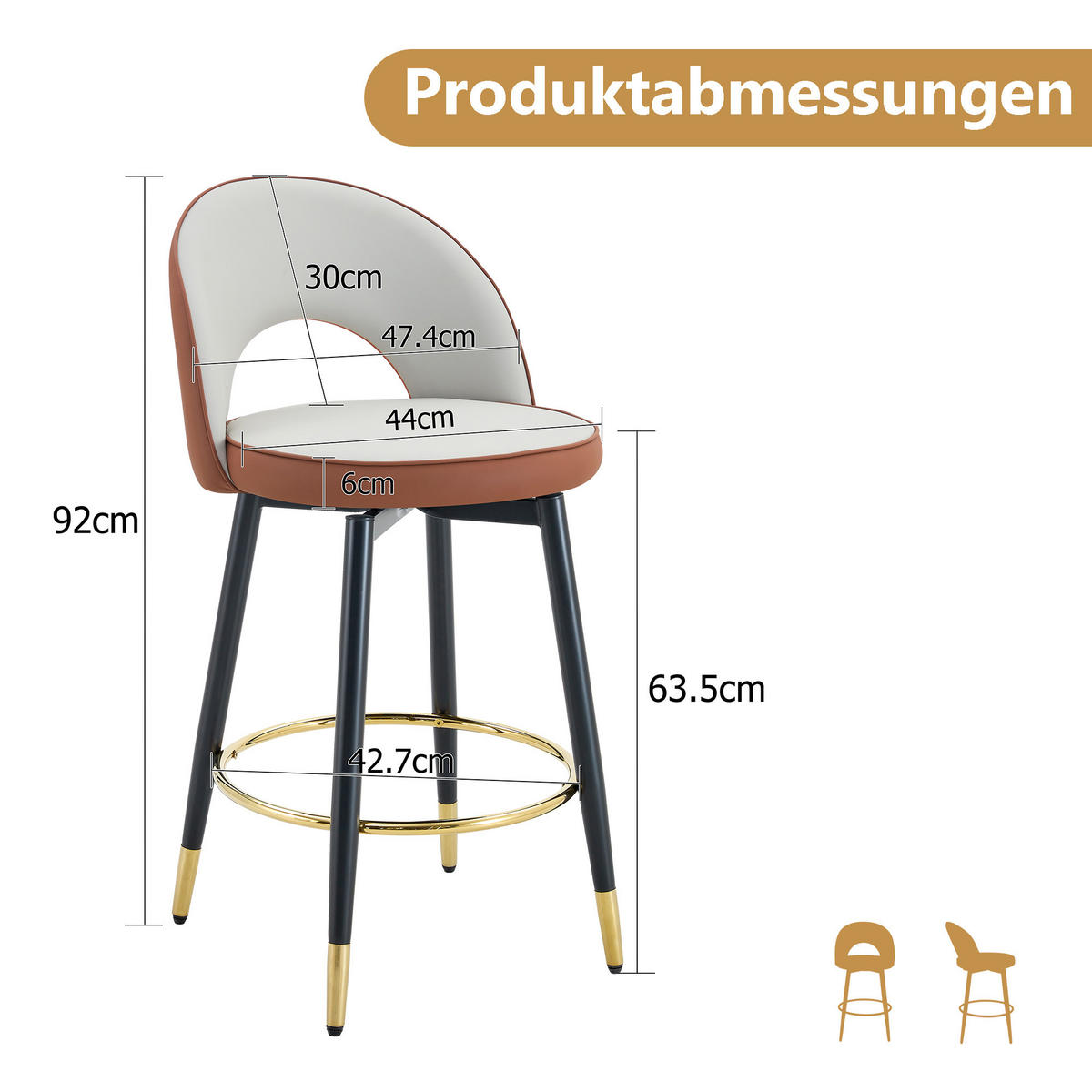 BARHOCKER 2er-Set Hellgrau/Braun mit PU-Leder und 360° Drehfunktion - Braun, Metall (47.4/92/44cm) - PANGIVO