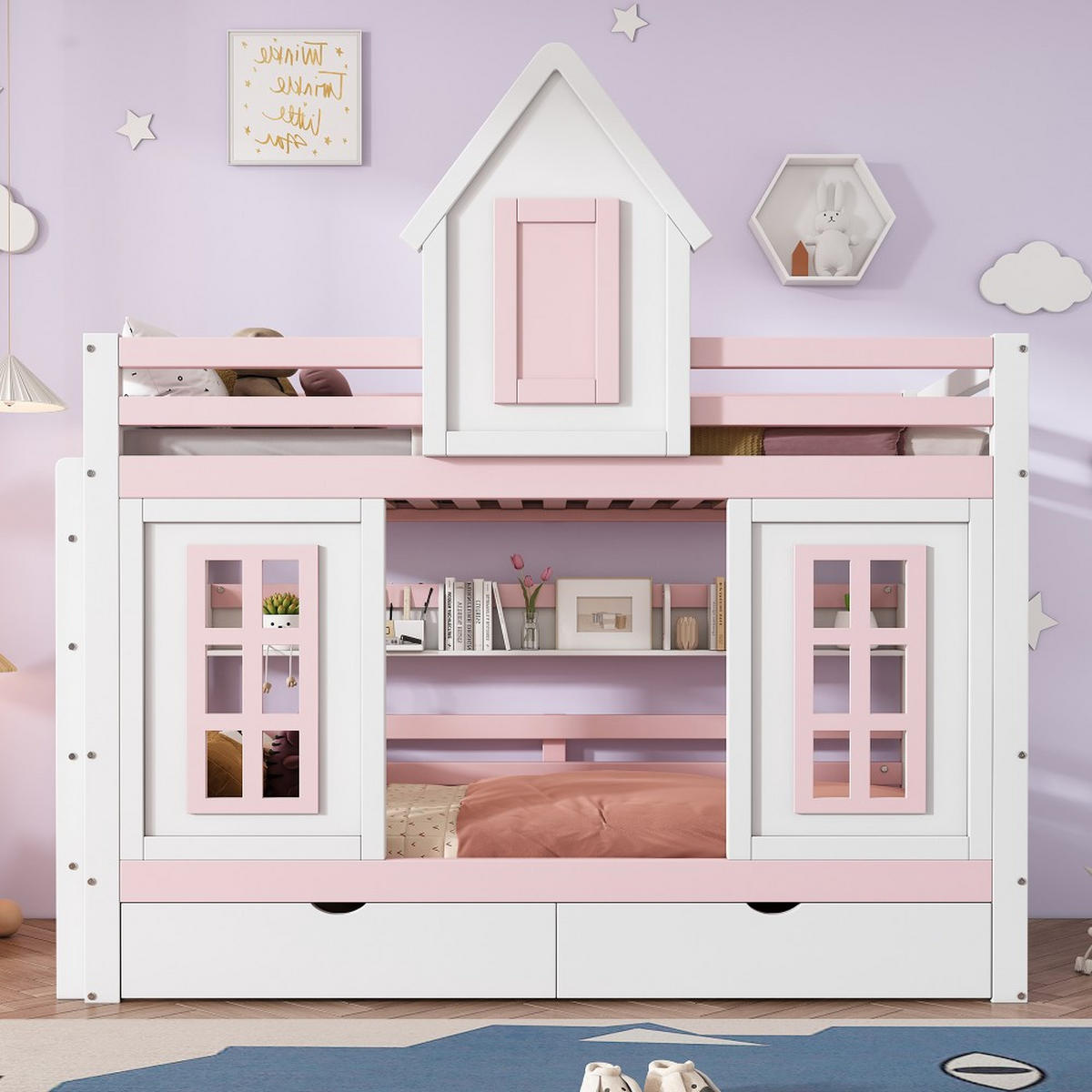 ETAGENBETT 90x200cm in Weiß+Rosa mit Dach und Fenster - Pink, Holz (90/200cm) - KOMHTOM
