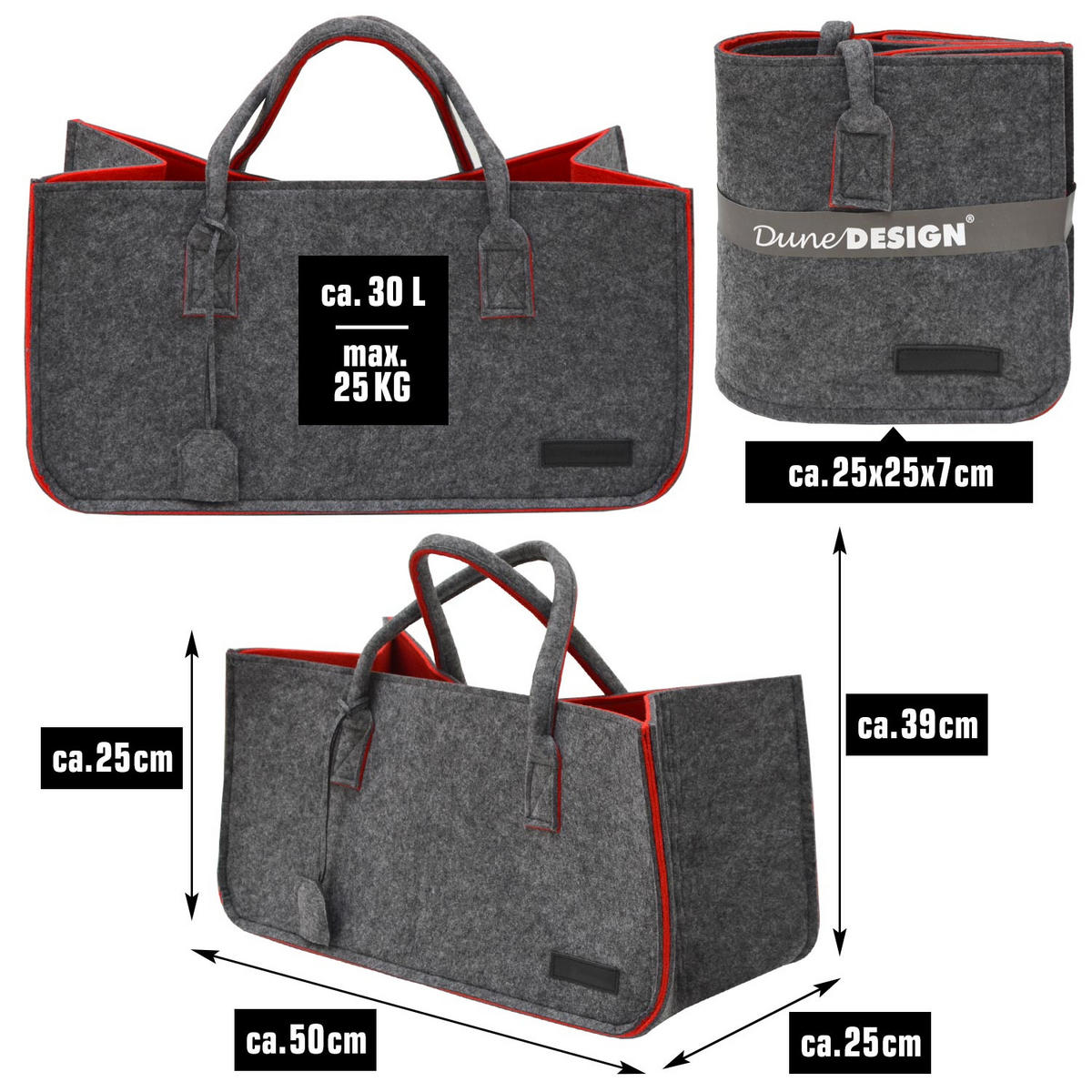 FILZTASCHE, 50x25x25 cm, Grau - Rot, Kunststoff (50/25/25cm) - Dunedesign