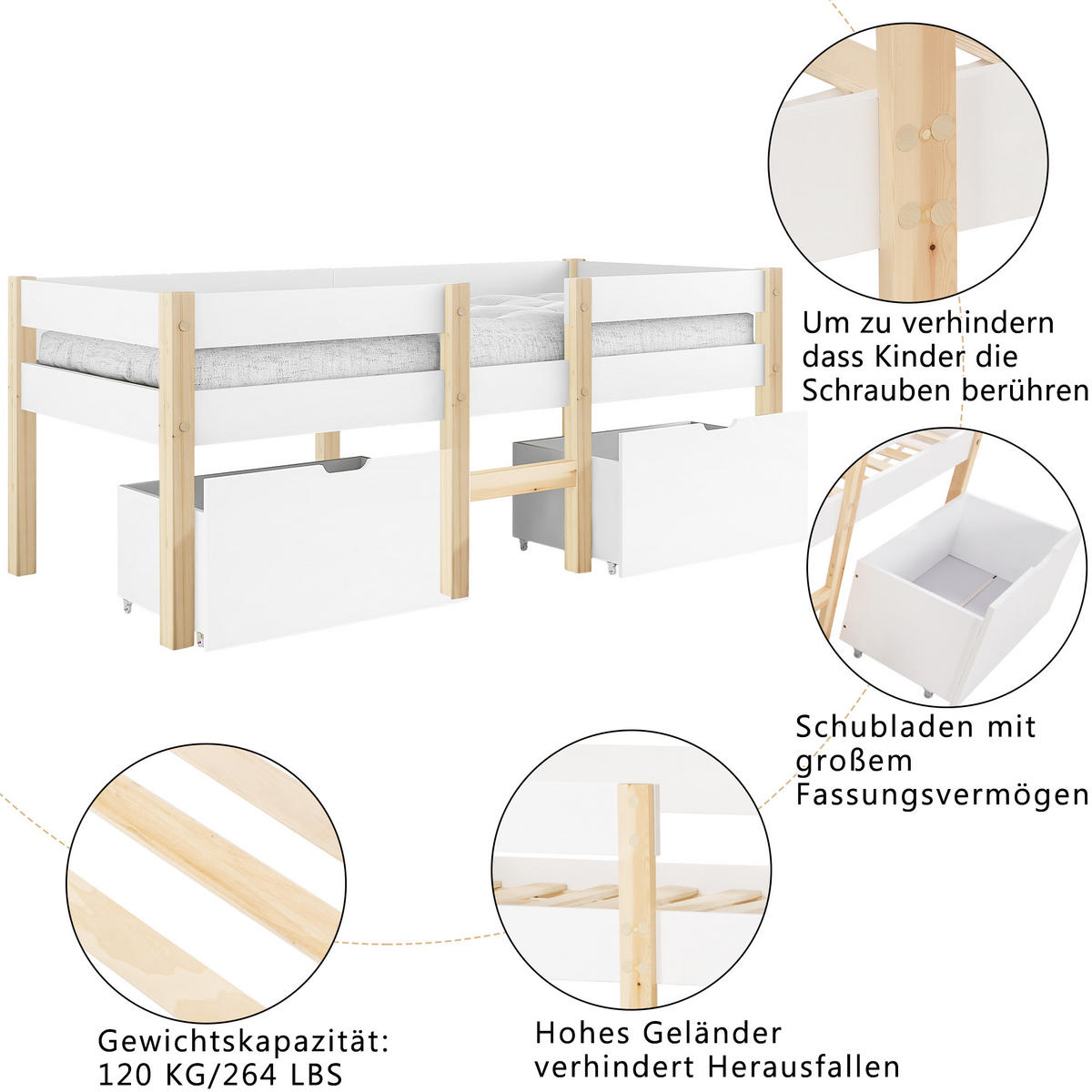 HOCHBETT 90/190 cm in Weiß mit 2 Schubladen und Rausfallschutz aus Massivholz im skandinavischen Design - Weiß/Naturfarben, Holzwerkstoff (90/190cm) - STILVORA