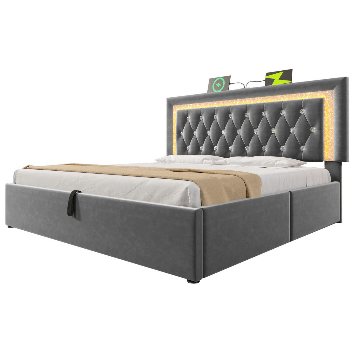 POLSTERBETT 180/200 cm Grau mit LED-Diamantstreifen USB- und Type-C-Anschlüssen, hydraulischem Stauraum - Grau, Textil (180/200cm) - OKWISH